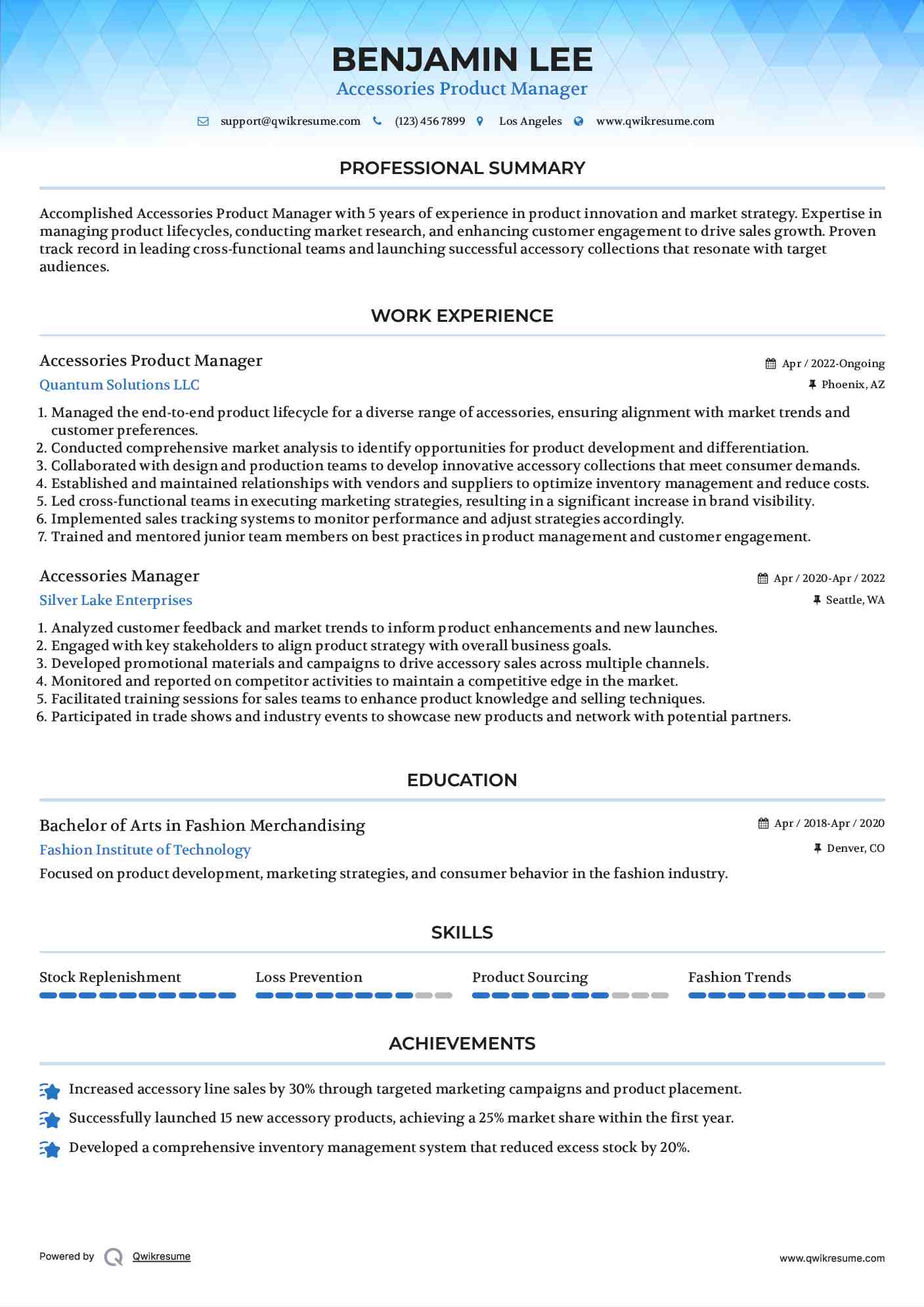 Accessories Product Manager
 Resume Example