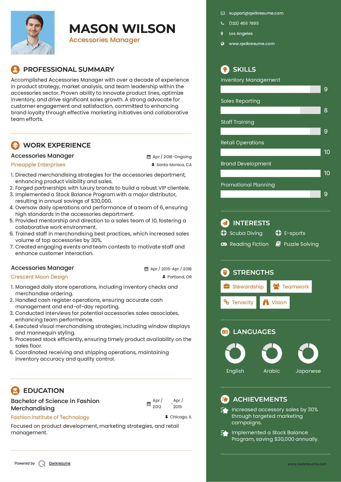 Accessories Manager Resume Example