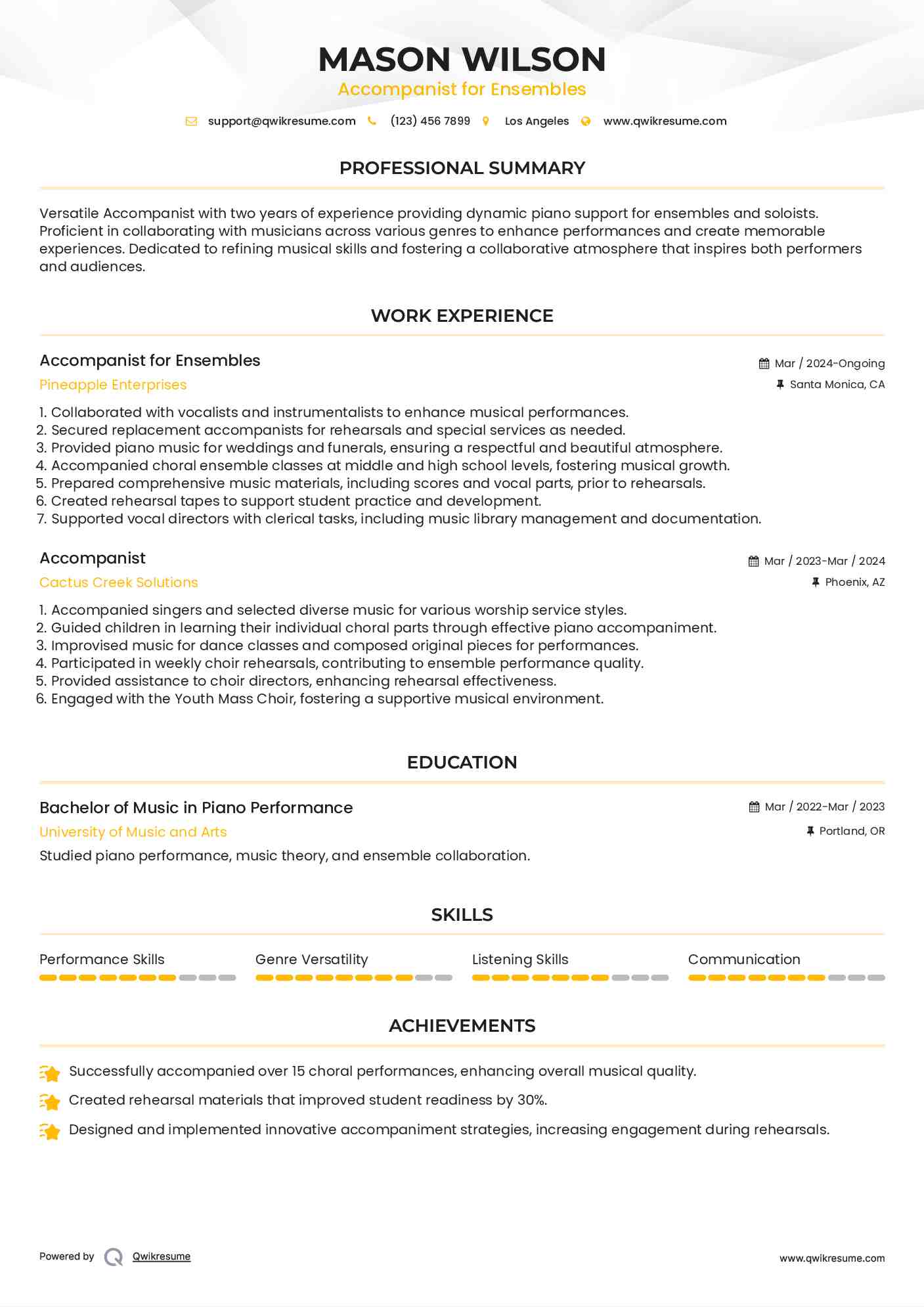Accompanist for Ensembles Resume Format
