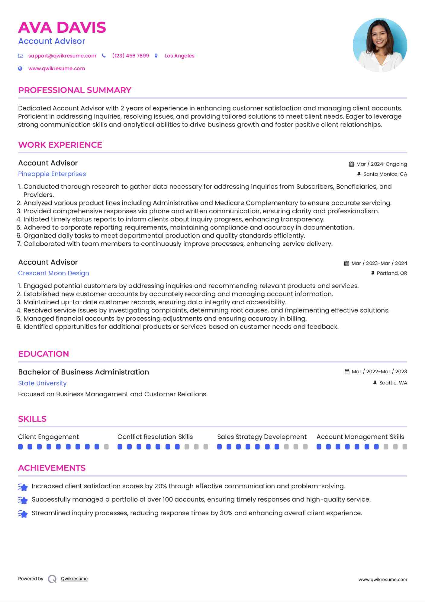 Account Advisor Resume Example
