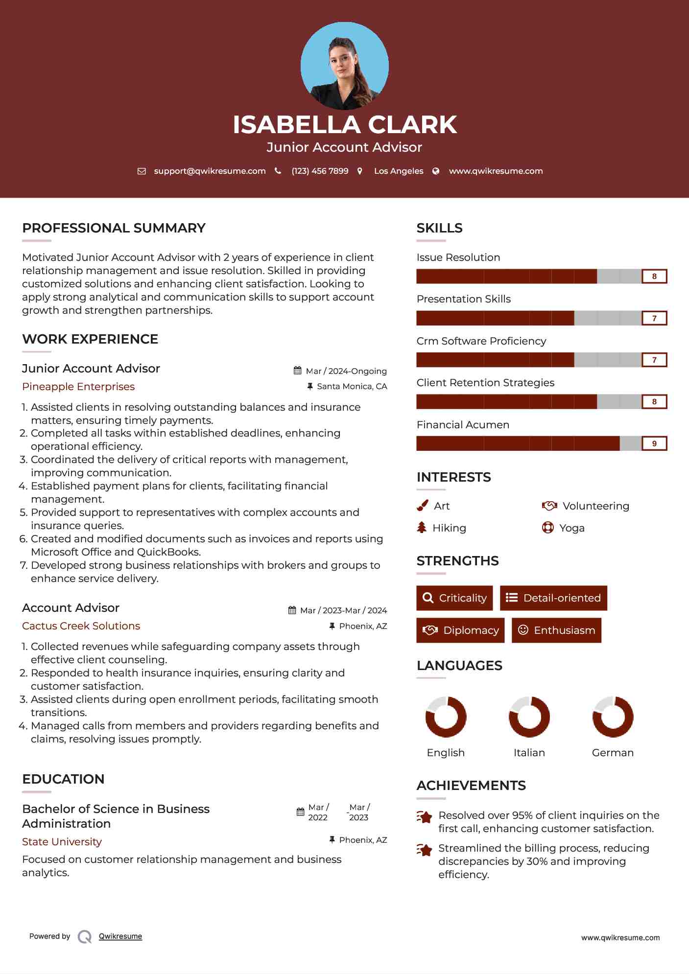 Junior Account Advisor Resume Format