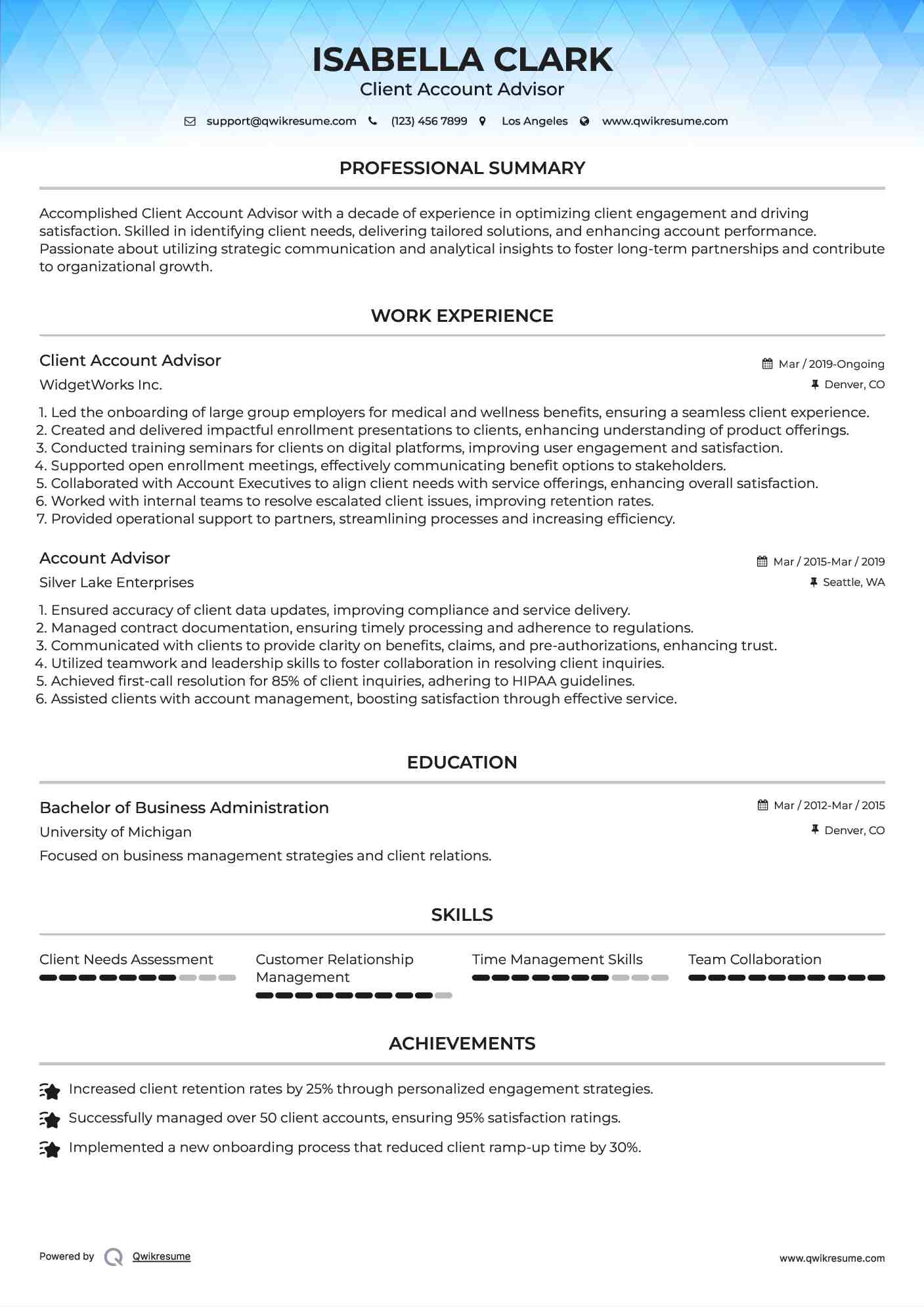 Client Account Advisor Resume Sample