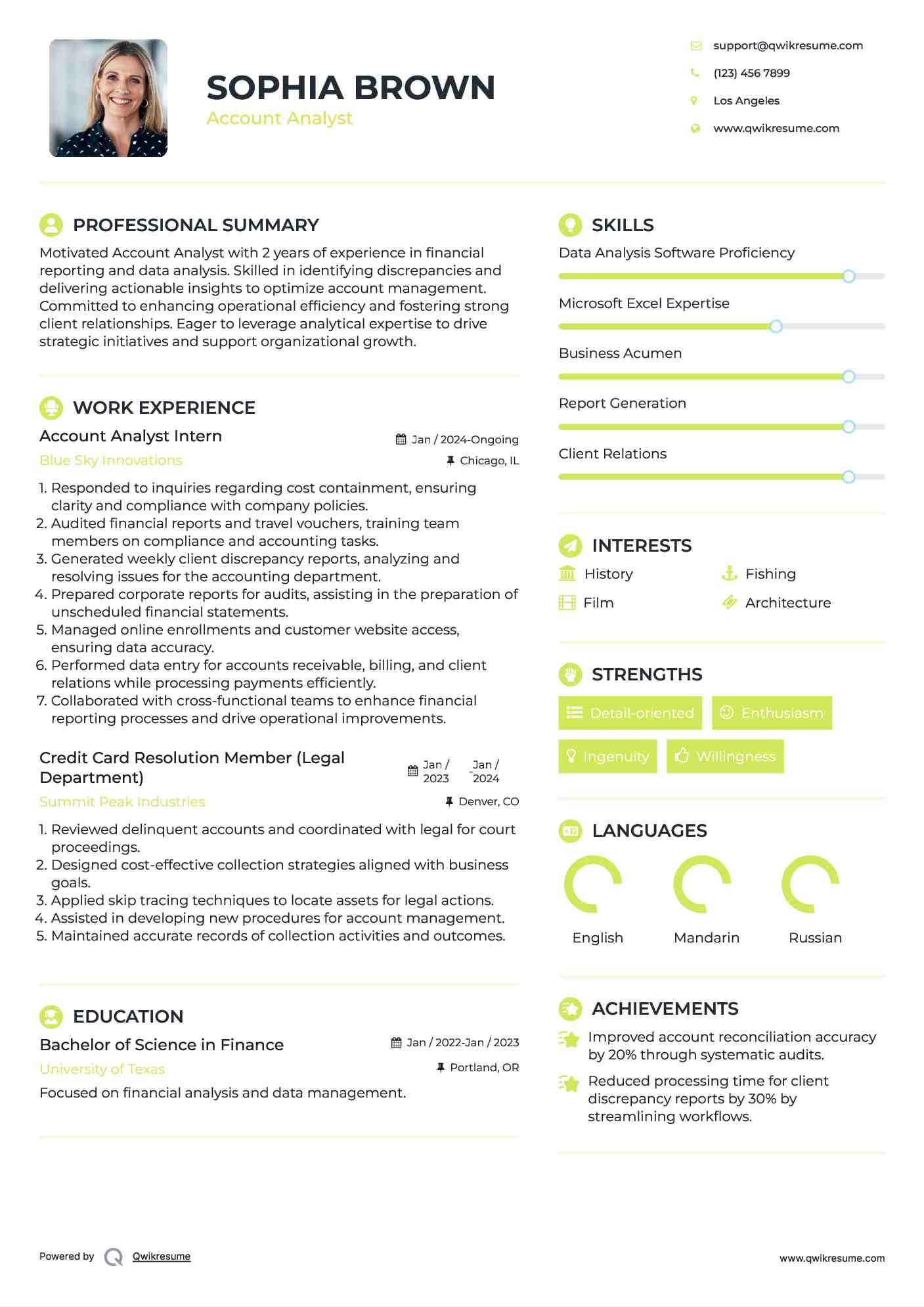 Account Analyst Intern Resume Sample