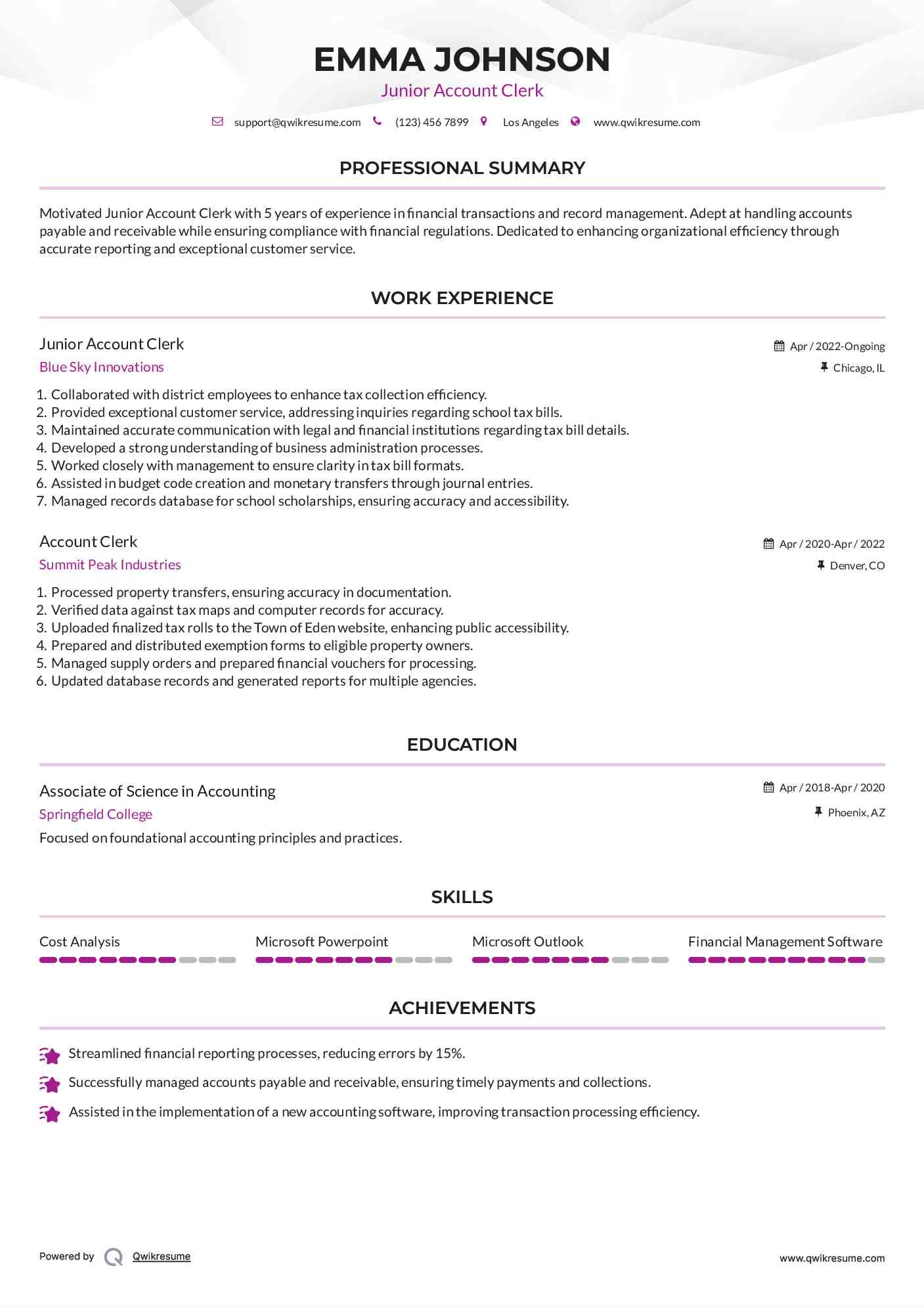 Junior Account Clerk Resume Template