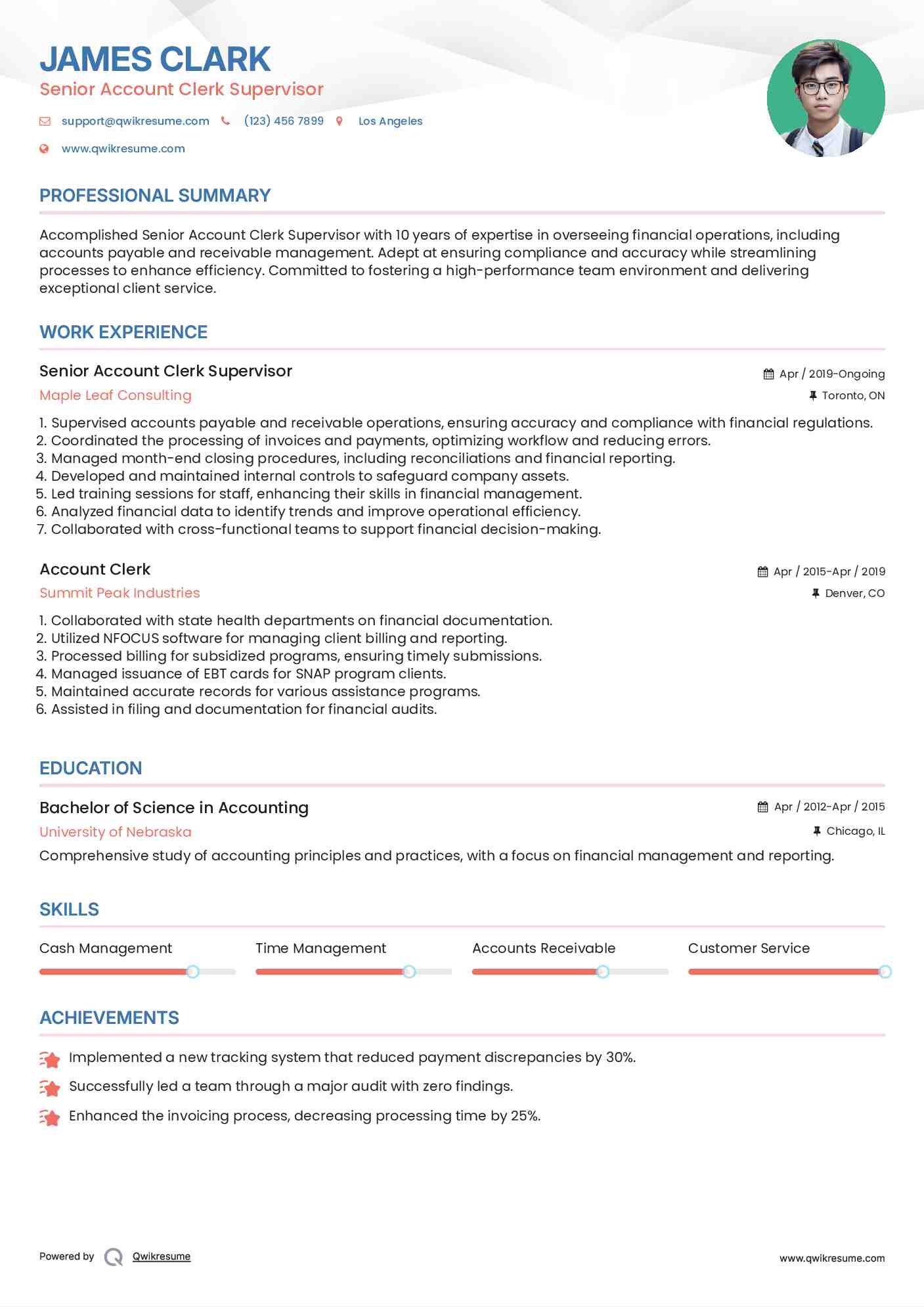 Senior Account Clerk Supervisor Resume Example