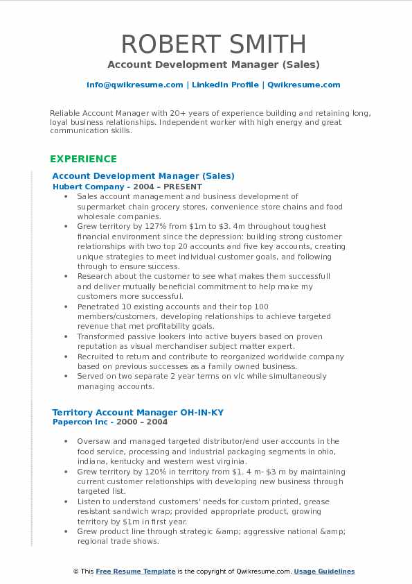 Account Development Manager (Sales) Resume Sample