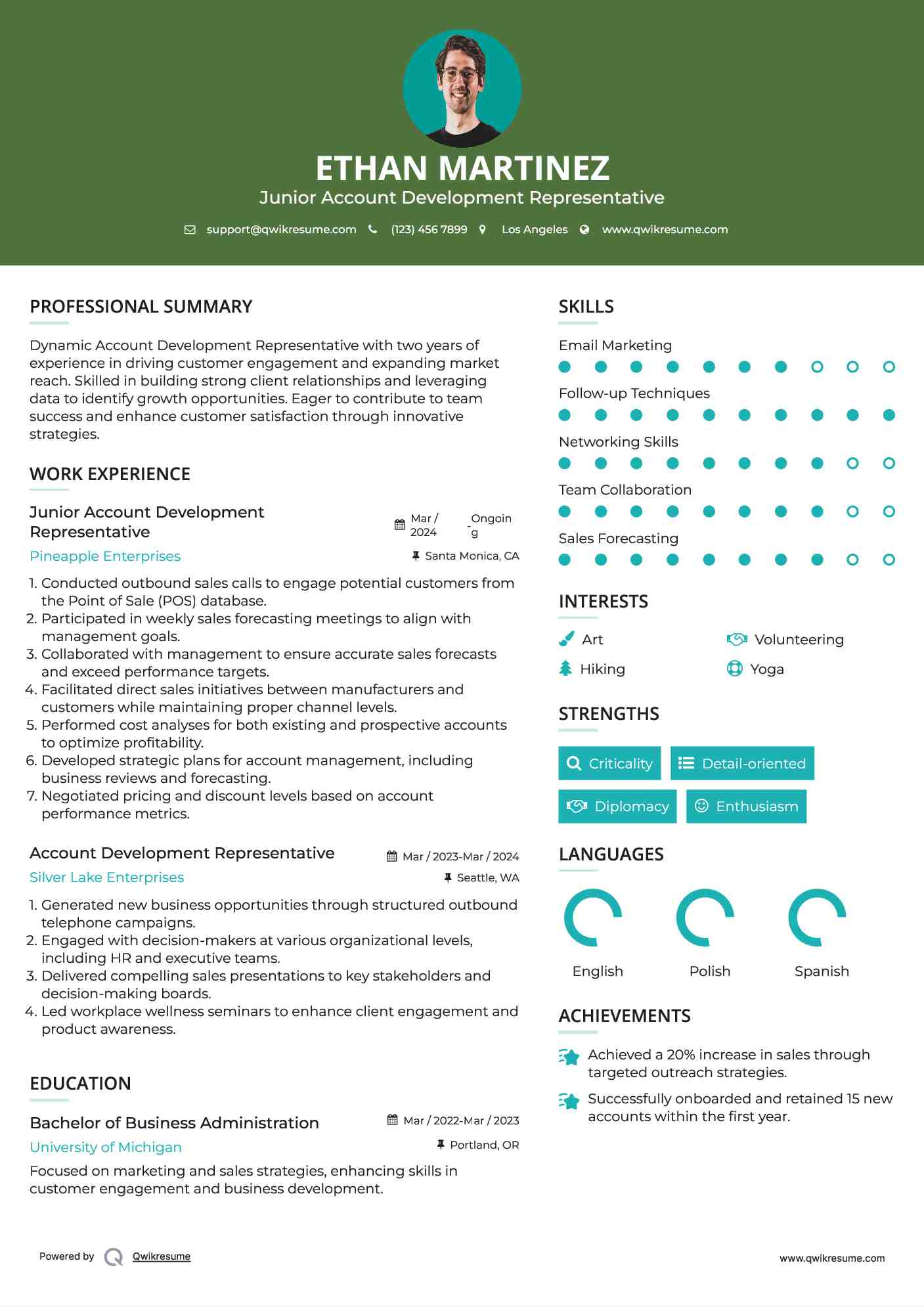 Junior Account Development Representative Resume Sample