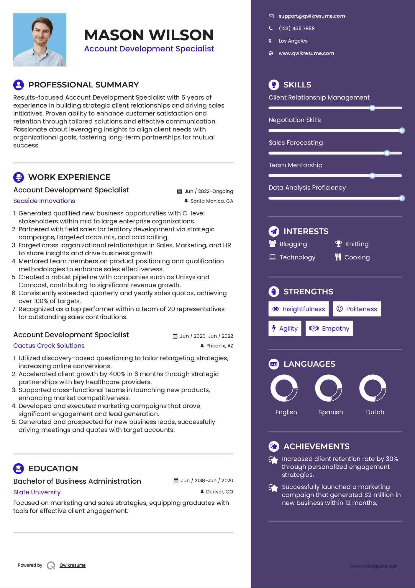 Account Development Specialist Resume Template