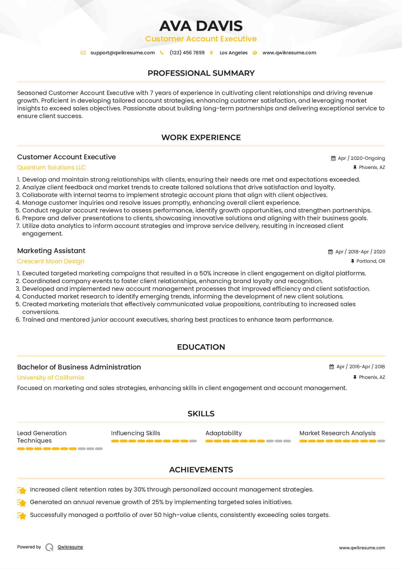 Customer Account Executive Resume Format