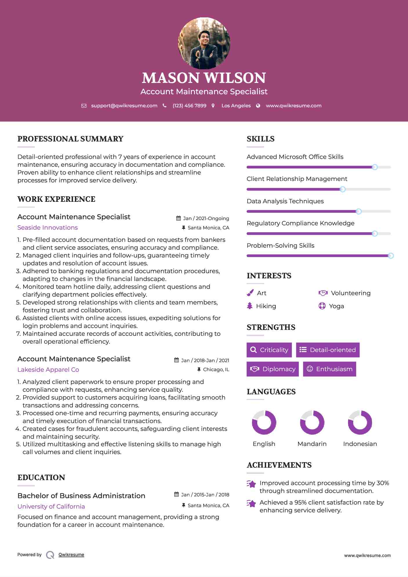 Account Maintenance Specialist Resume Template