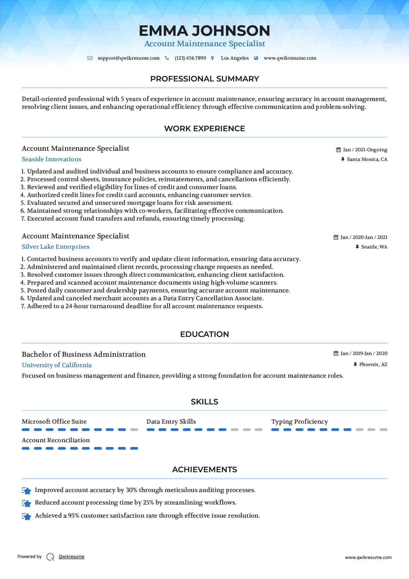 Account Maintenance Specialist Resume Template