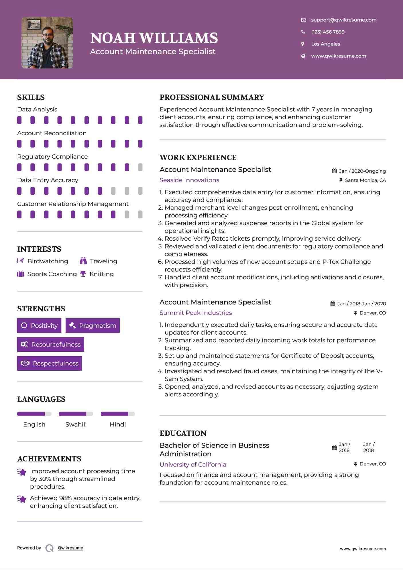 Account Maintenance Specialist Resume Model