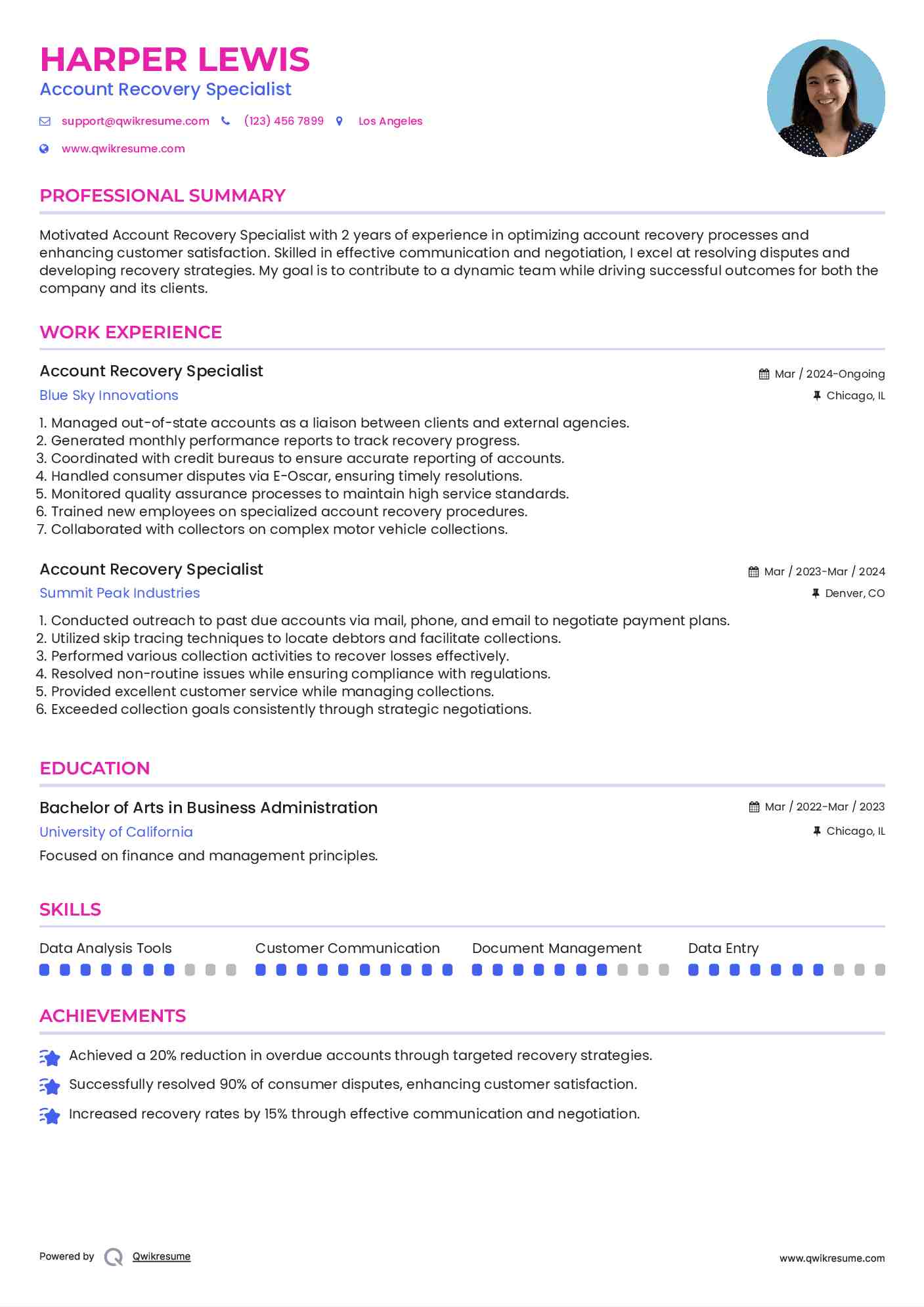 Account Recovery Specialist Resume Template