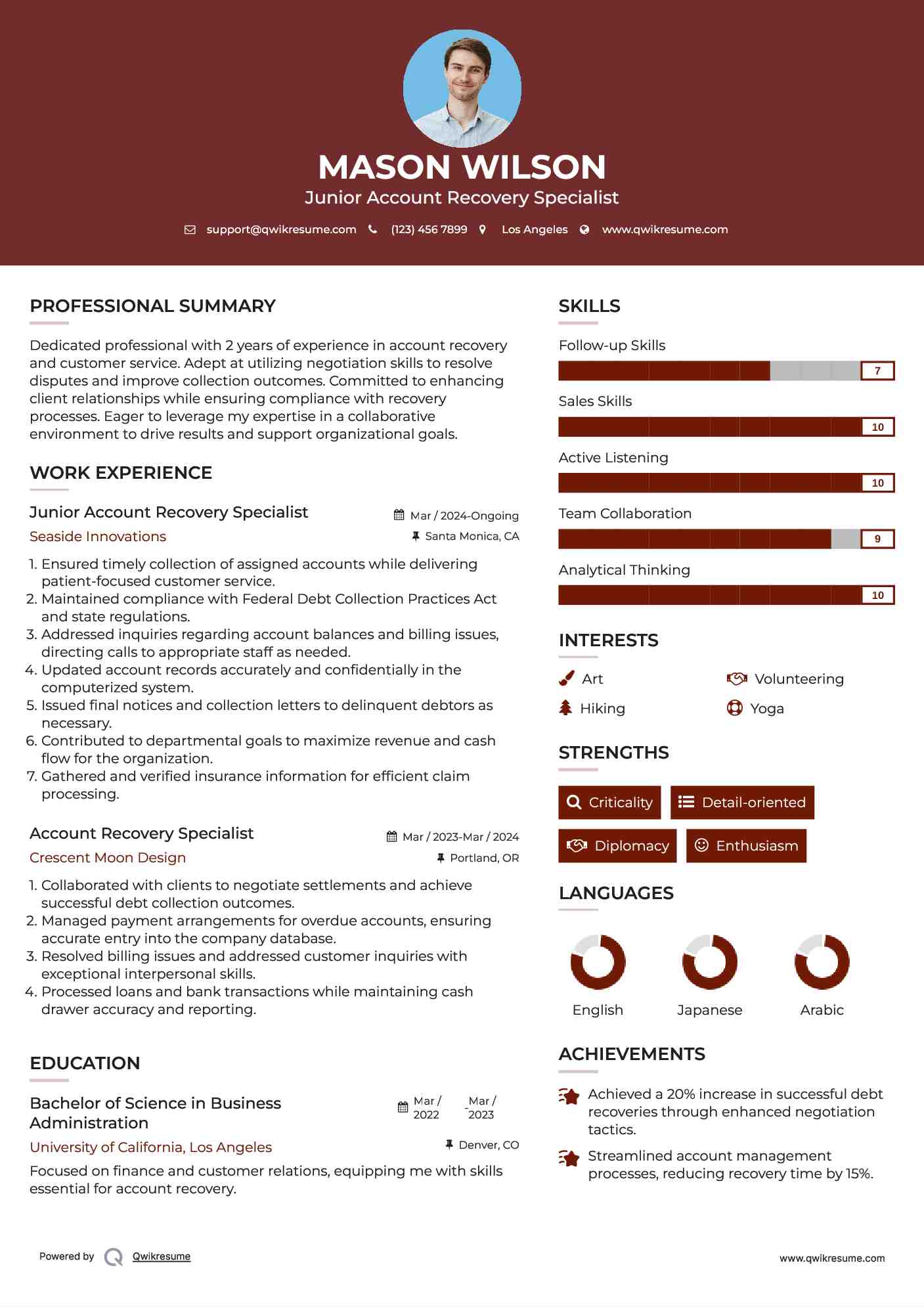 Junior Account Recovery Specialist Resume Sample