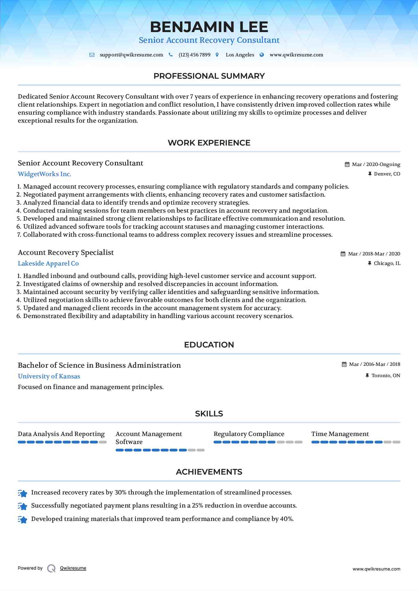 Senior Account Recovery Consultant Resume Model
