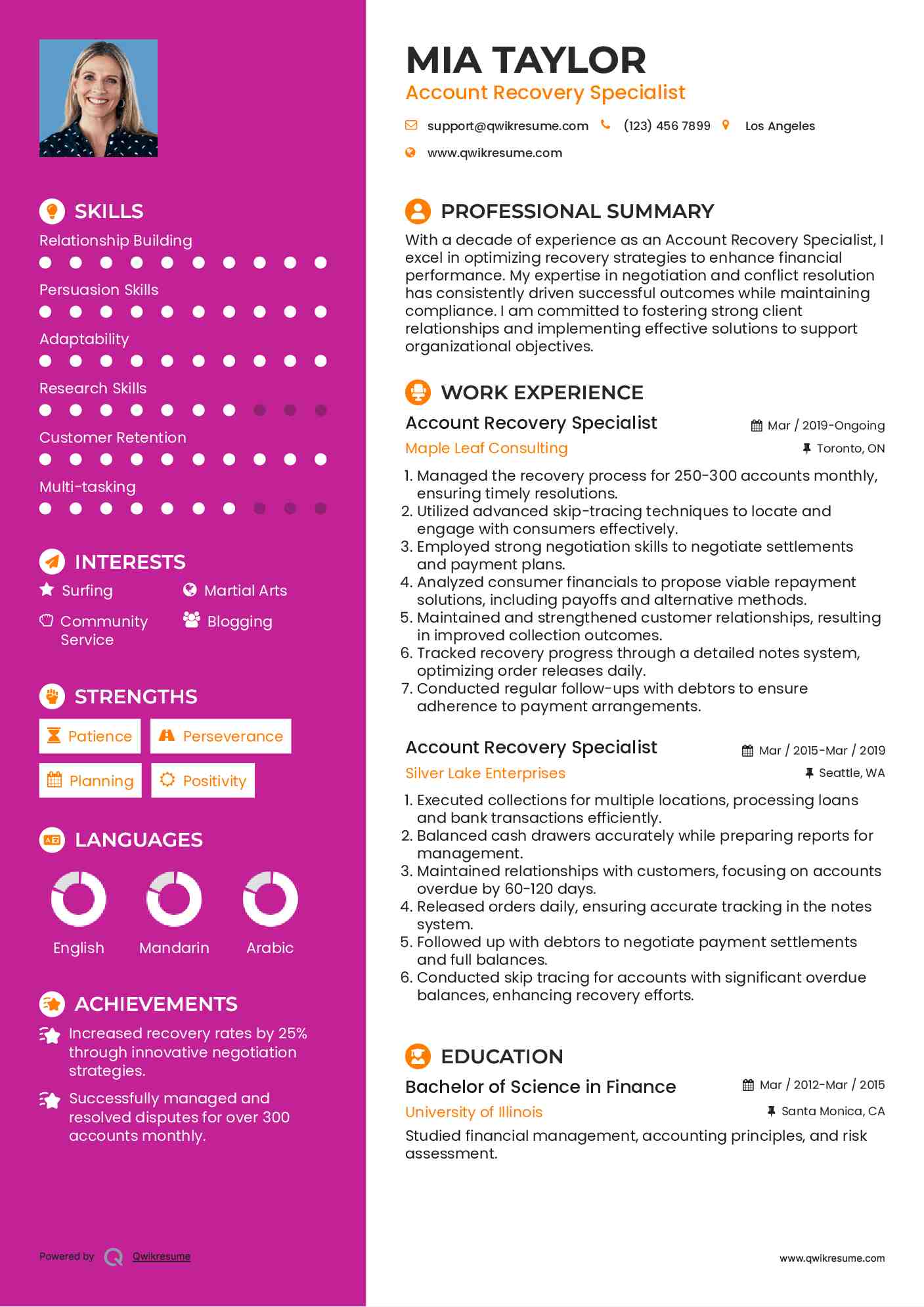 Account Recovery Specialist Resume Example