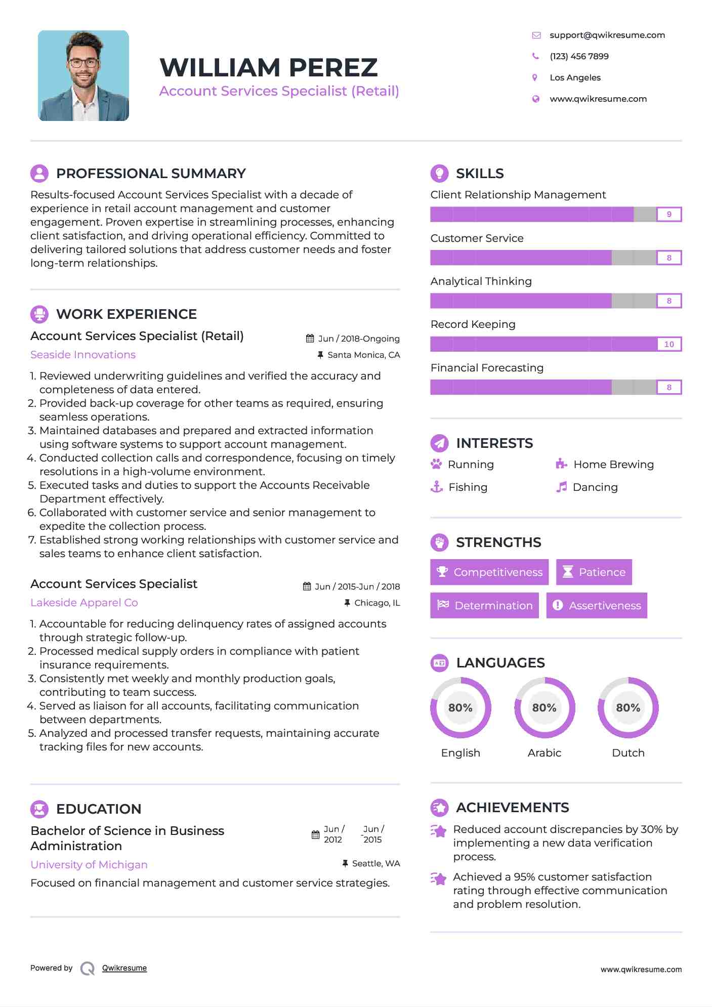 Account Services Specialist (Retail) Resume Format