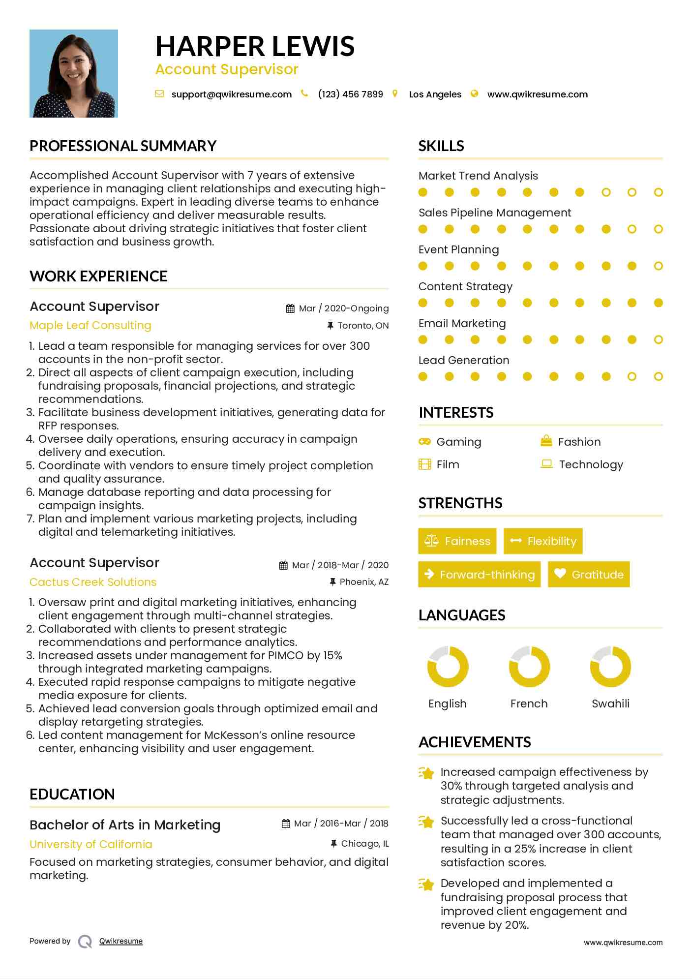 Account Supervisor Resume Example