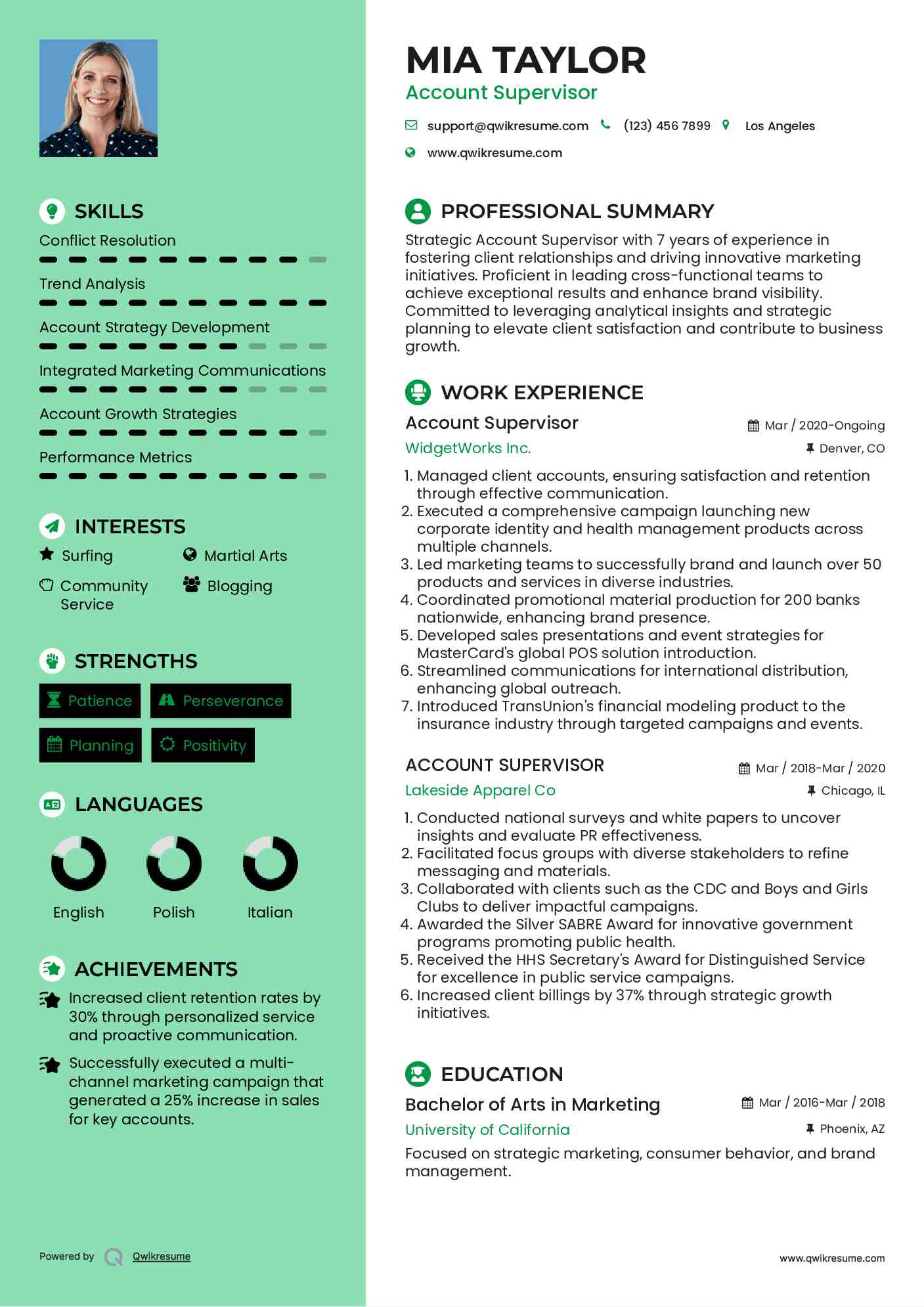 Account Supervisor Resume Example