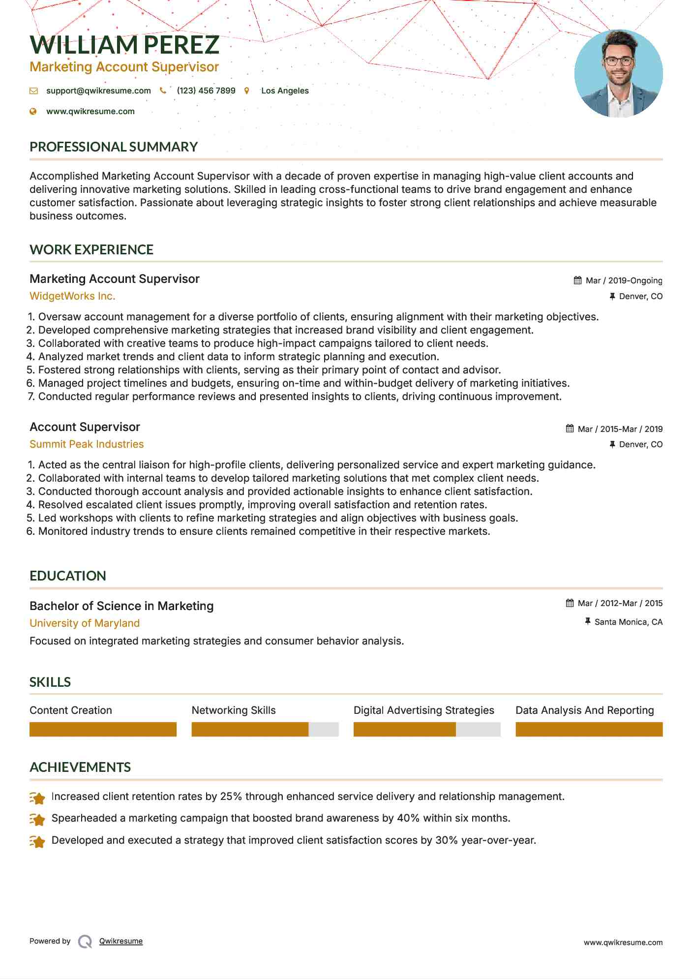 Marketing Account Supervisor Resume Model