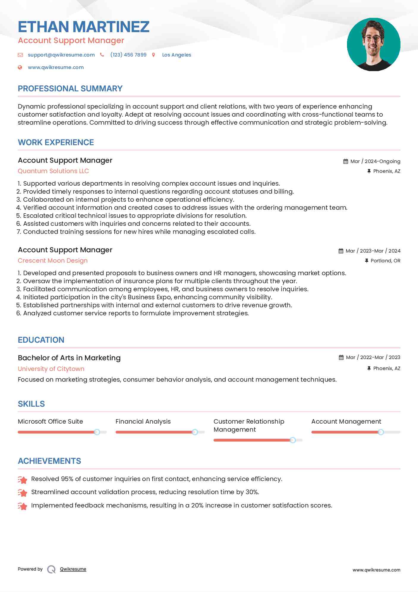 Account Support Manager Resume Format