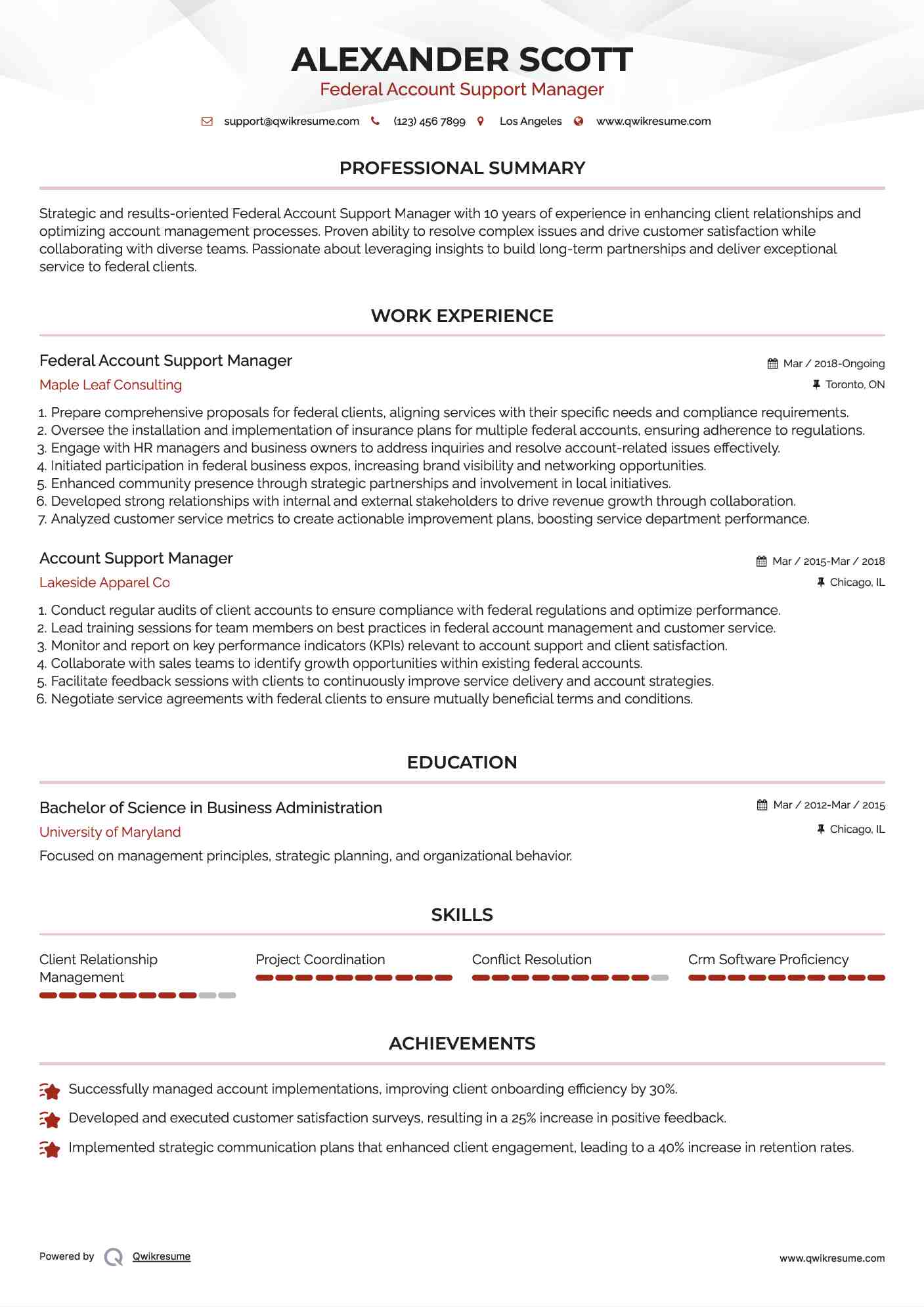 Federal Account Support Manager
 Resume Format