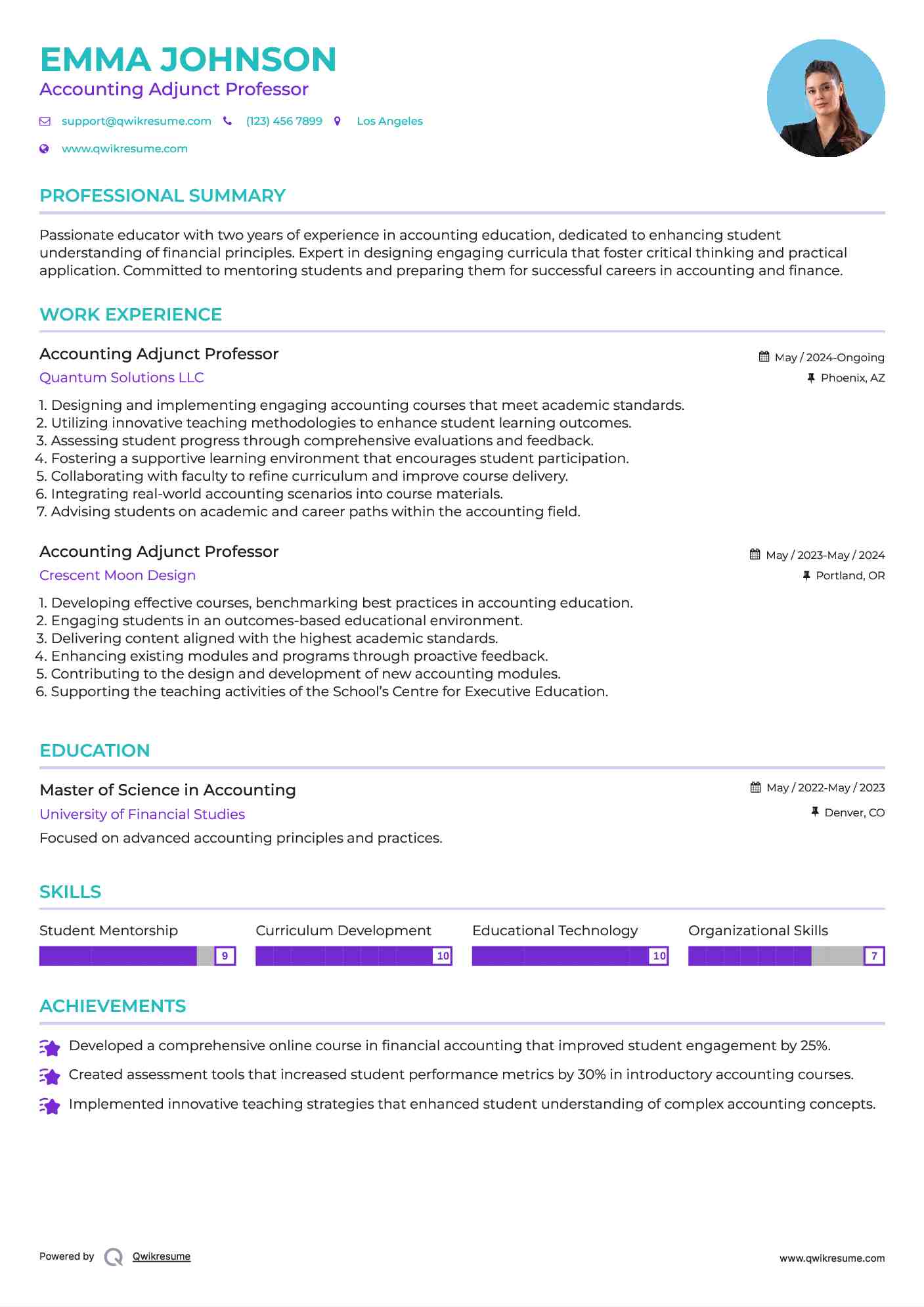 Accounting Adjunct Professor Resume Sample