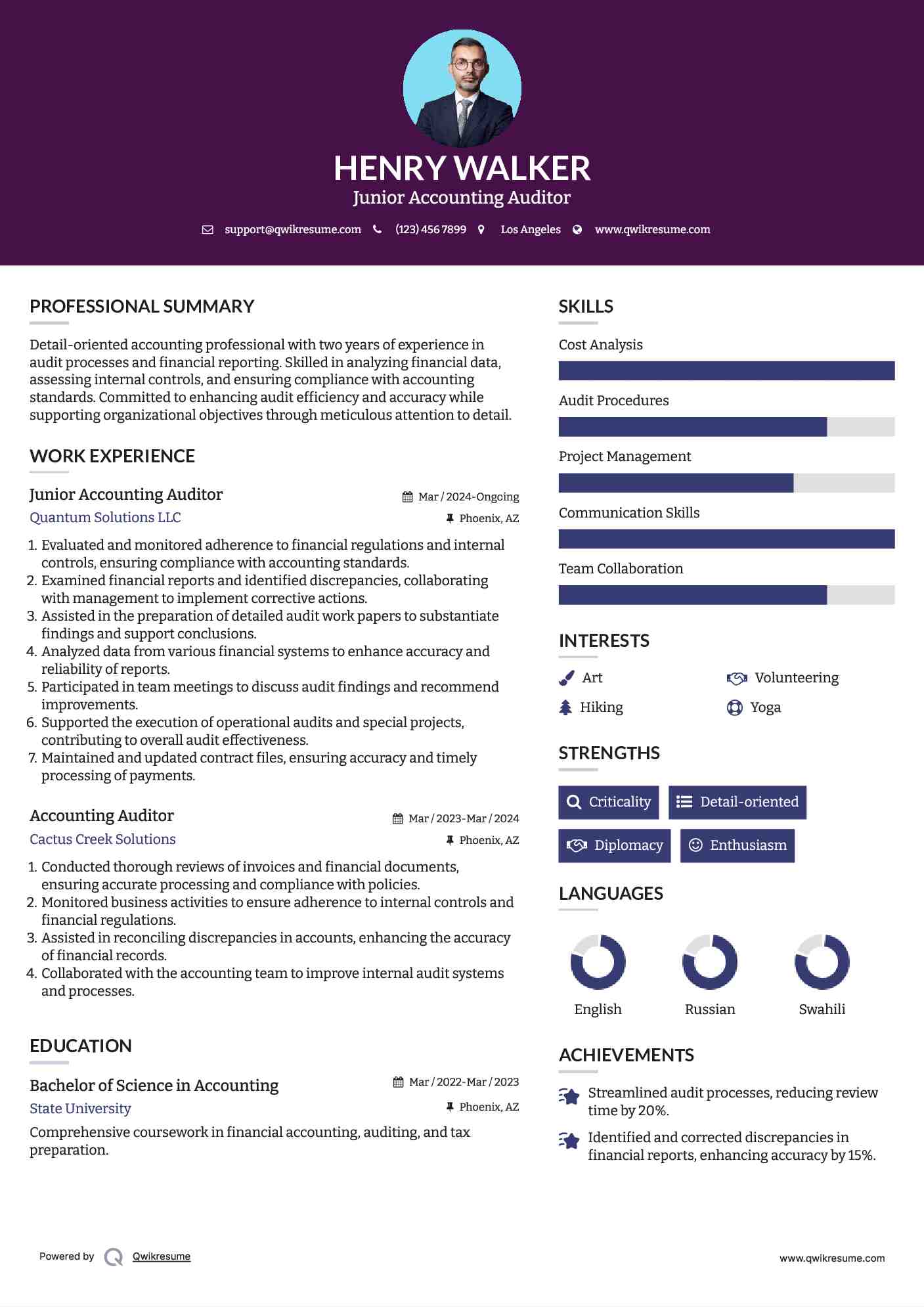 Junior Accounting Auditor Resume Template