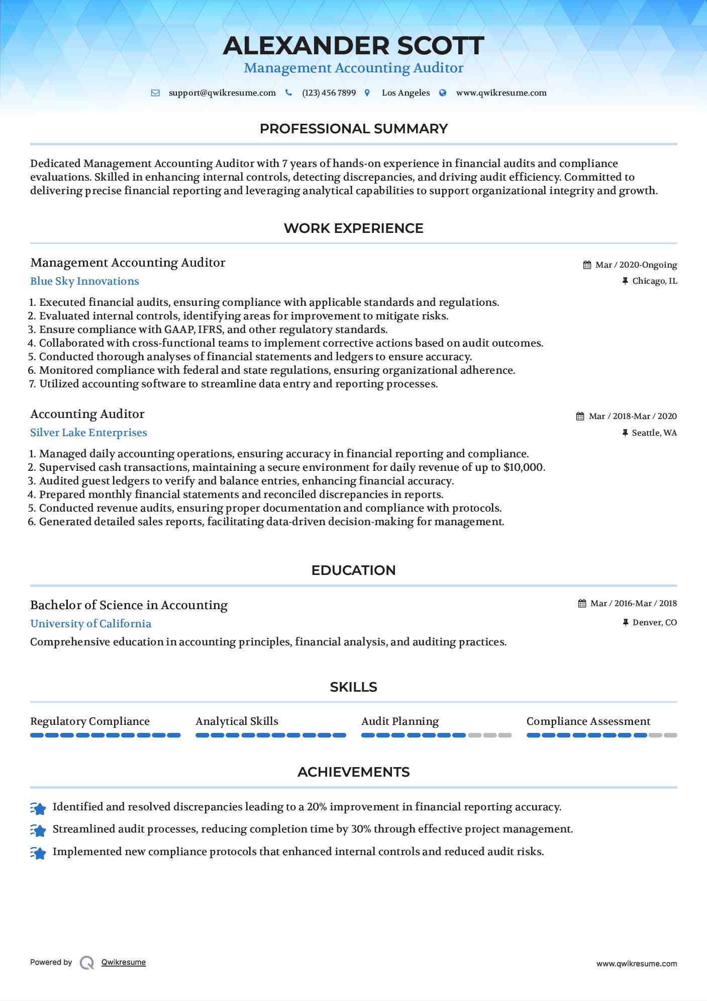 Management Accounting Auditor Resume Example