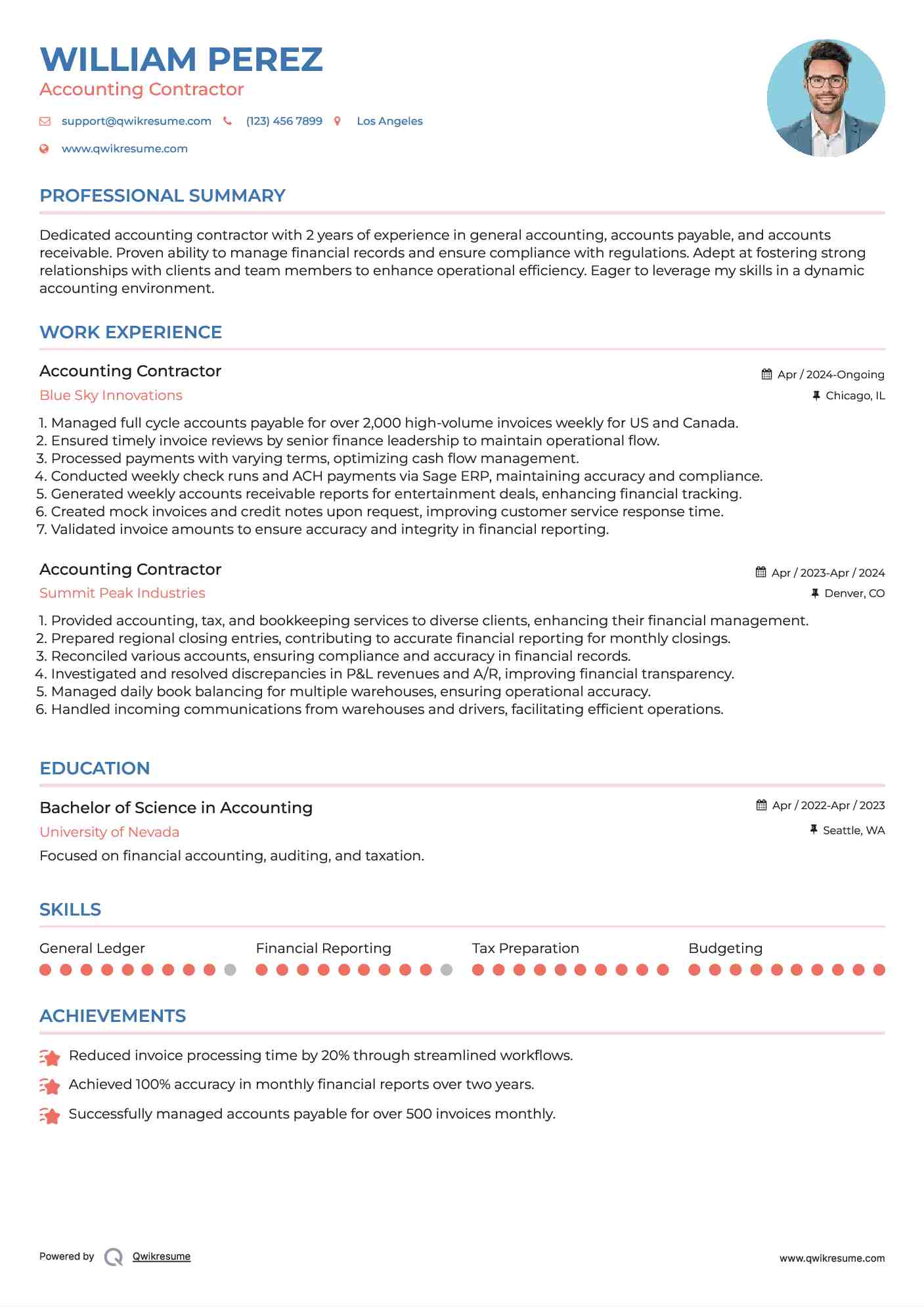 Accounting Contractor Resume Sample