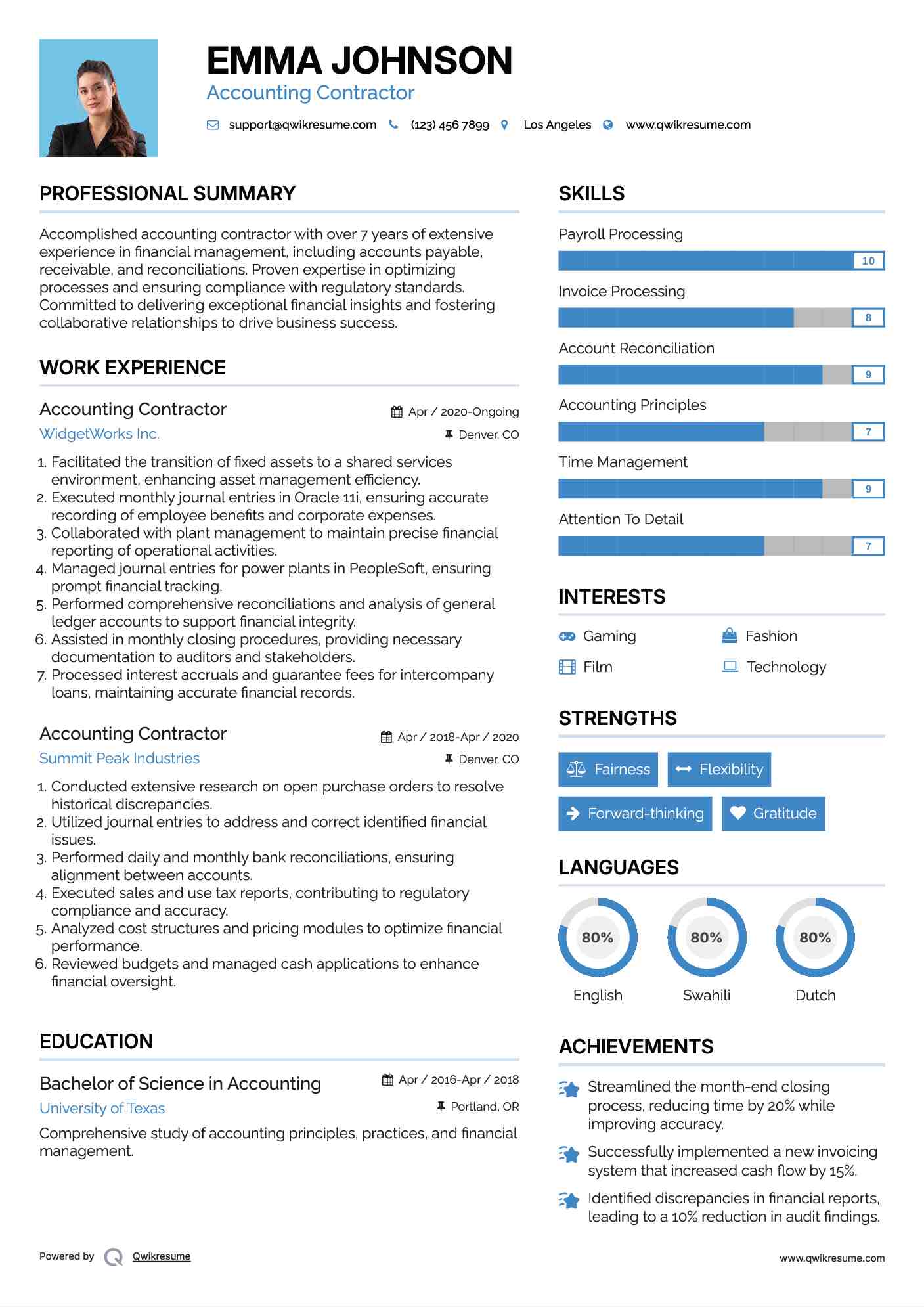 Accounting Contractor Resume Sample