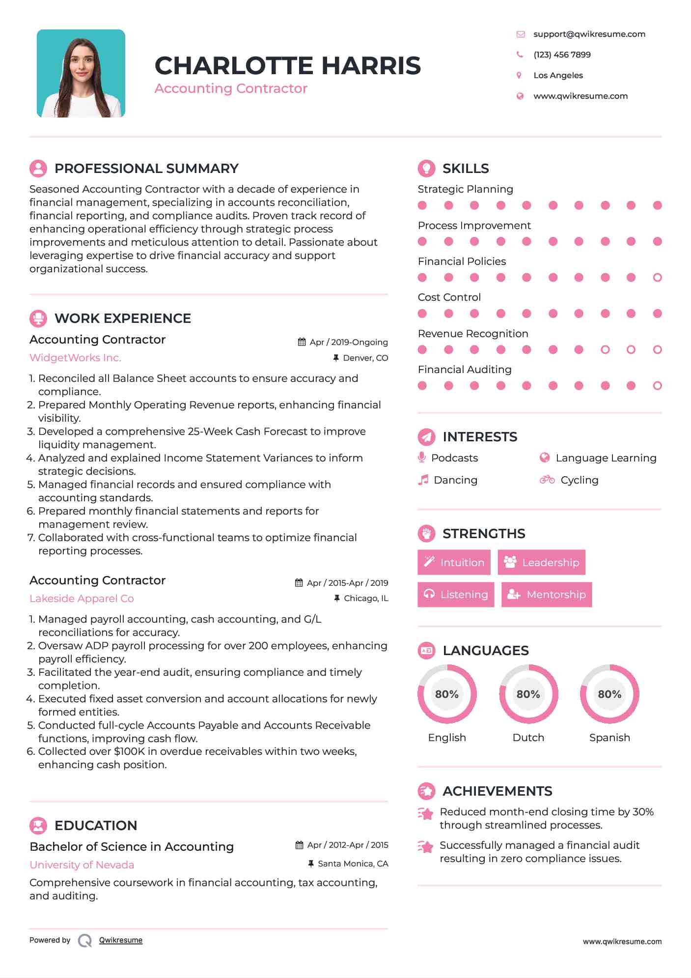 Accounting Contractor Resume Sample