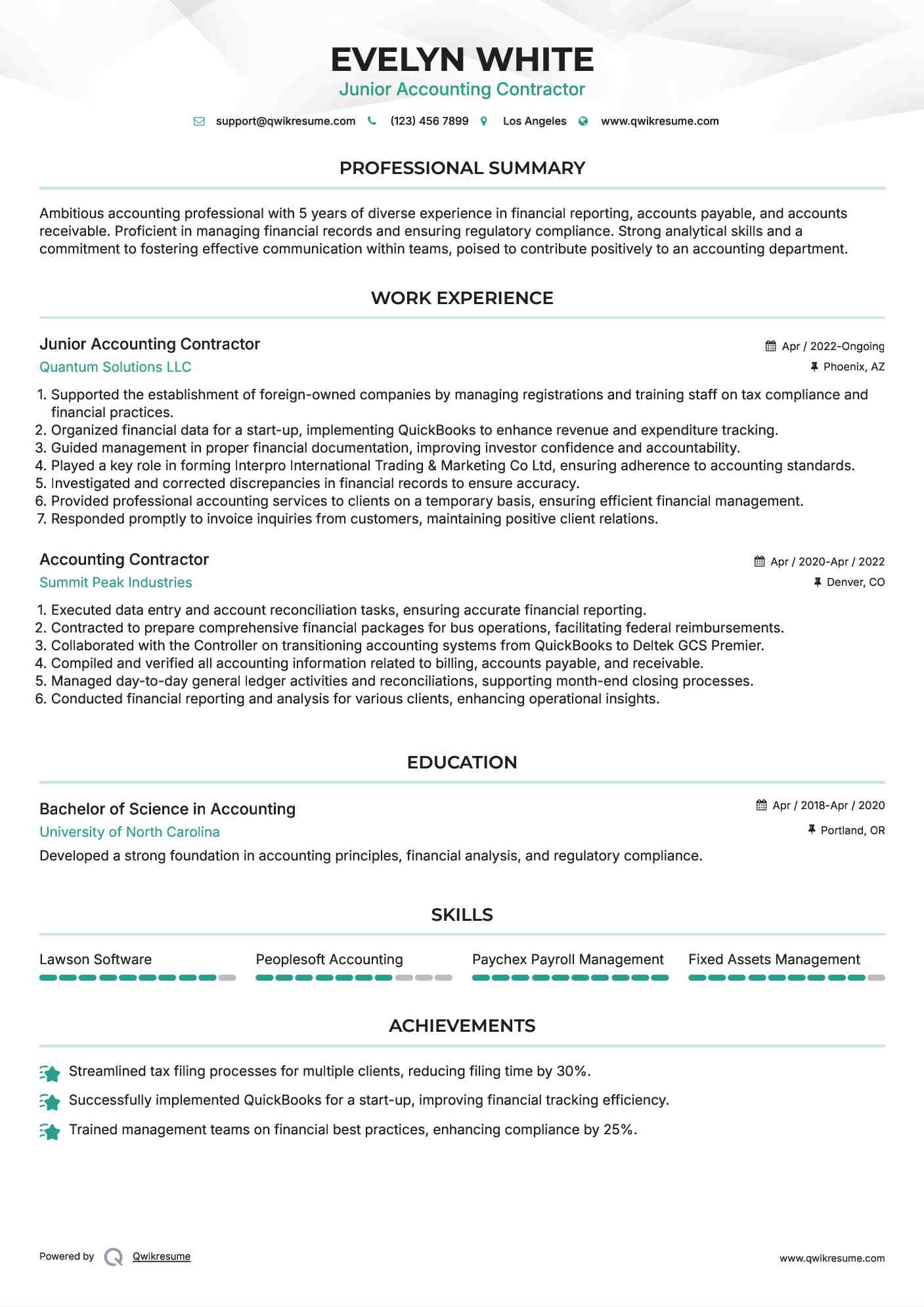 Junior Accounting Contractor Resume Format