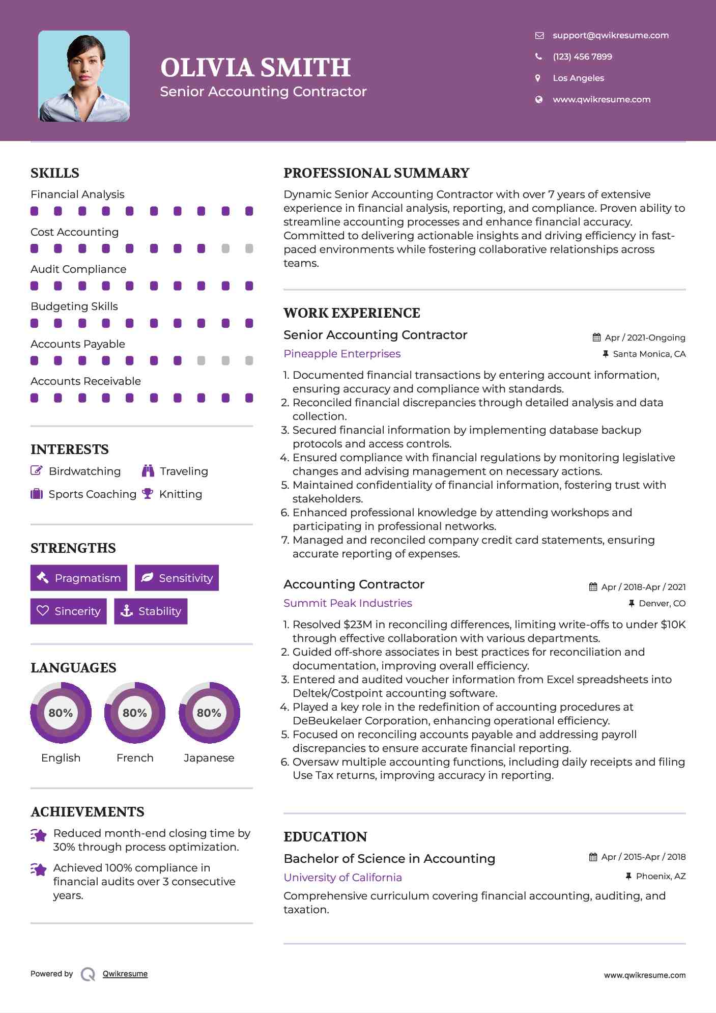 Senior Accounting Contractor Resume Model