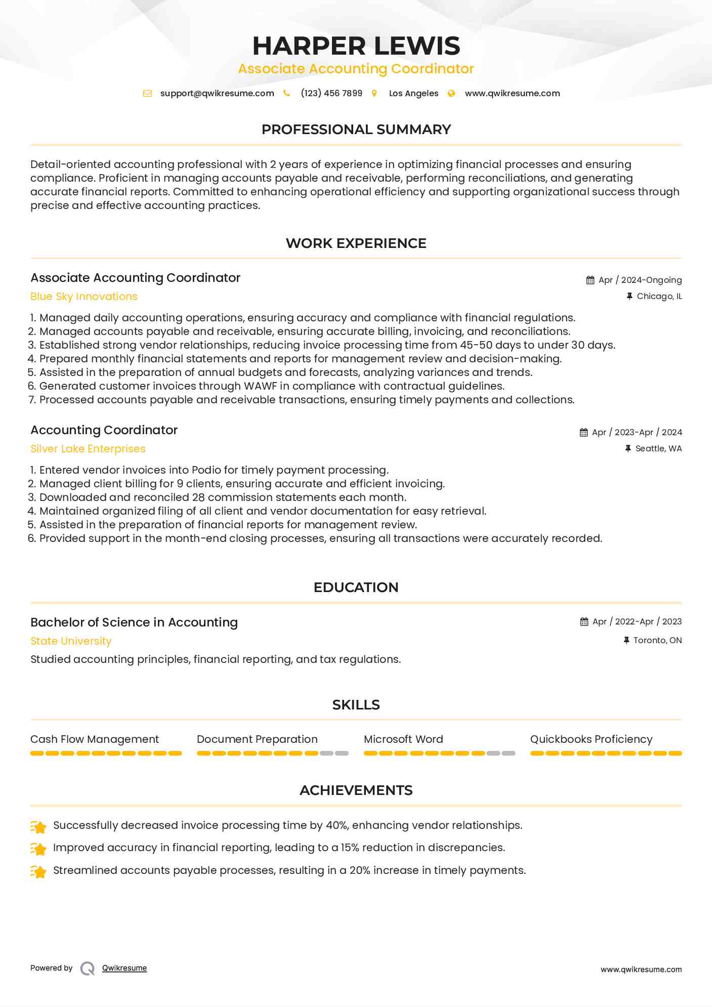 Associate Accounting Coordinator Resume Format