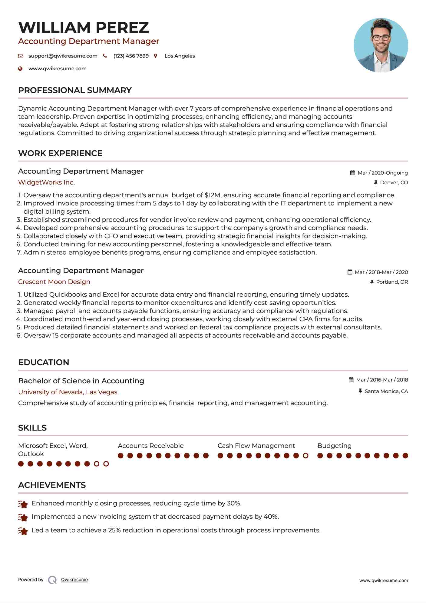 Accounting Department Manager Resume Format