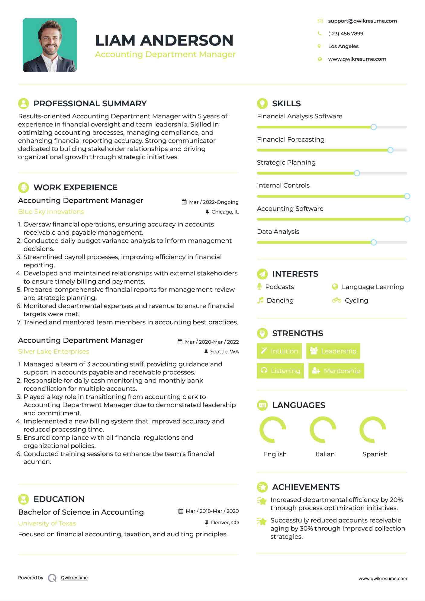 Accounting Department Manager Resume Format