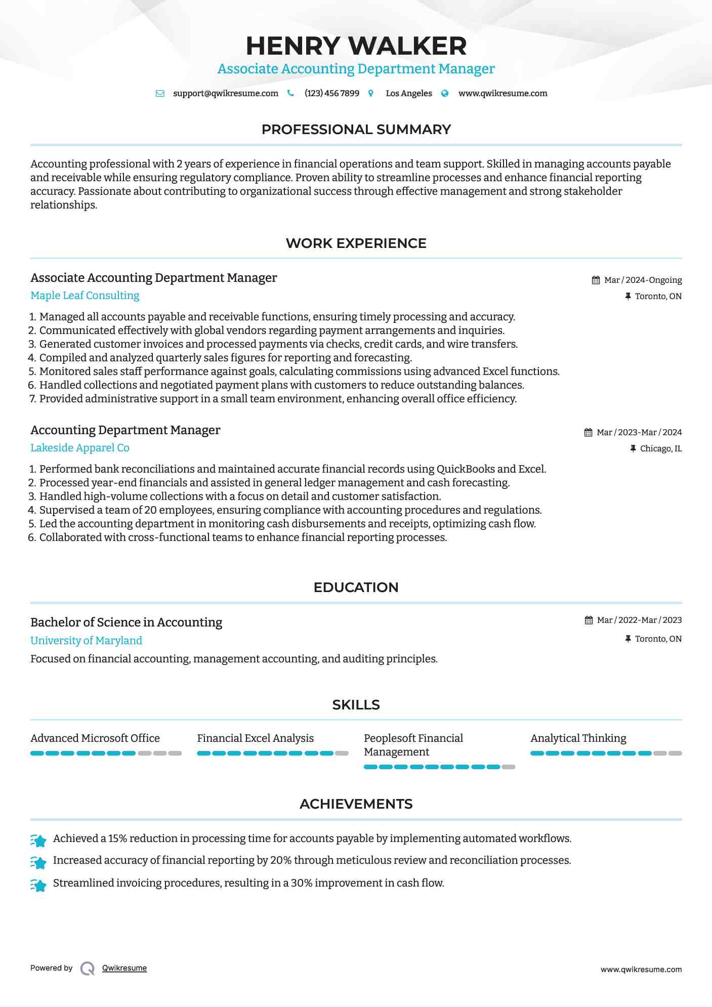 Associate Accounting Department Manager Resume Example