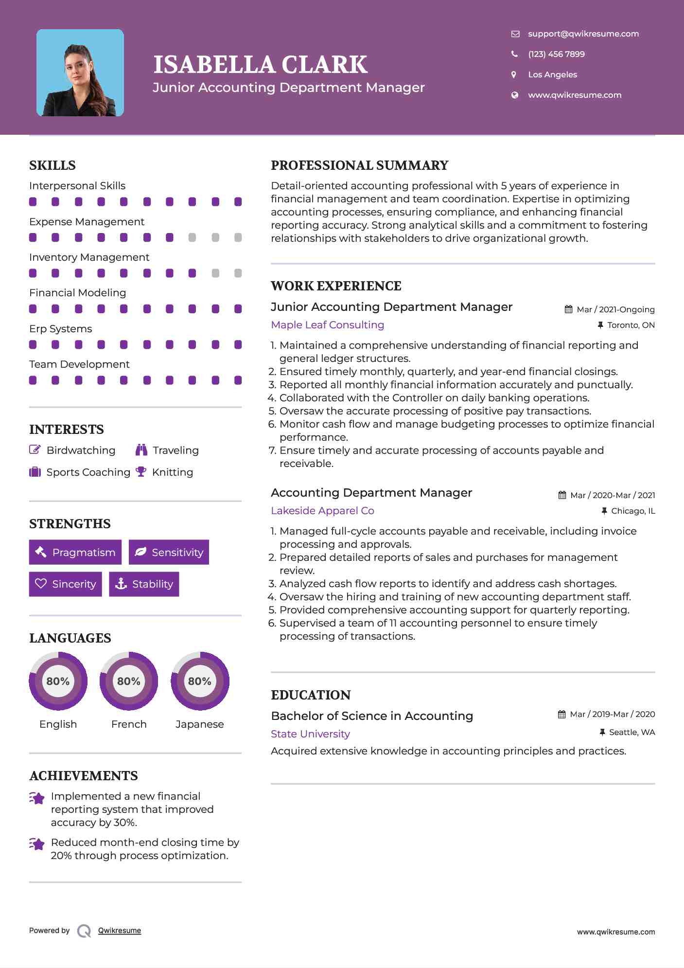 Junior Accounting Department Manager Resume Example
