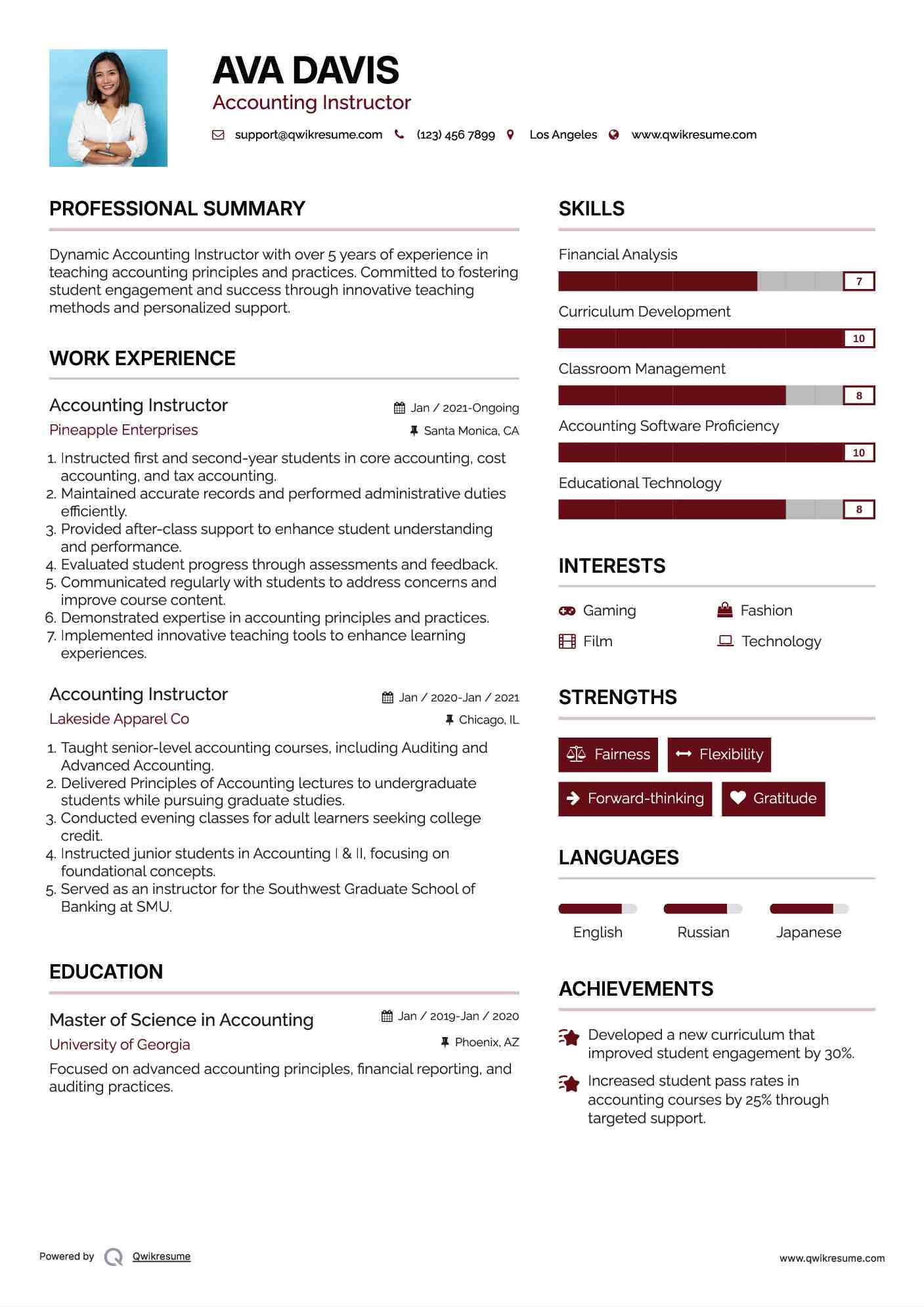 Accounting Instructor Resume Format