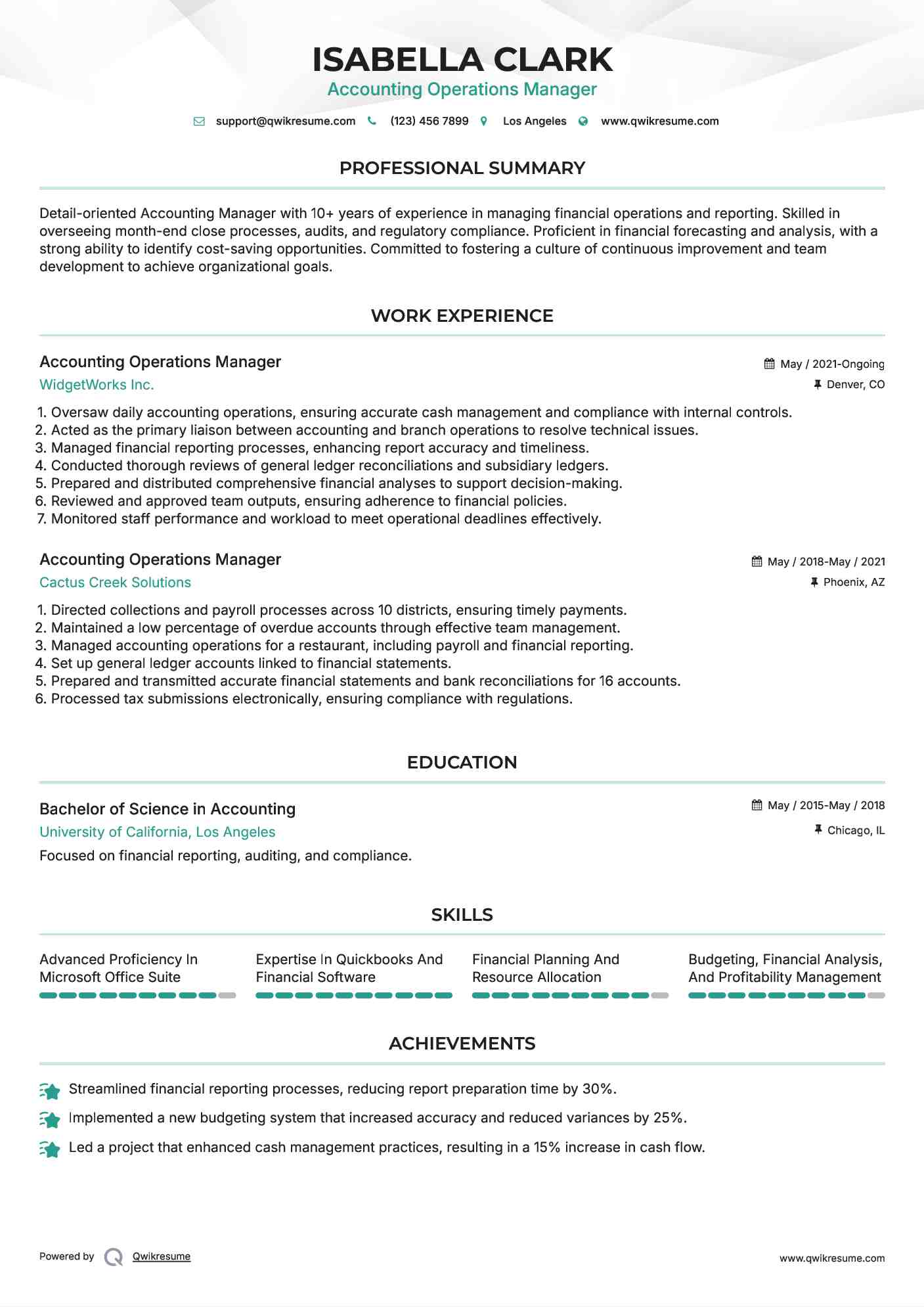 Accounting Operations Manager Resume Example