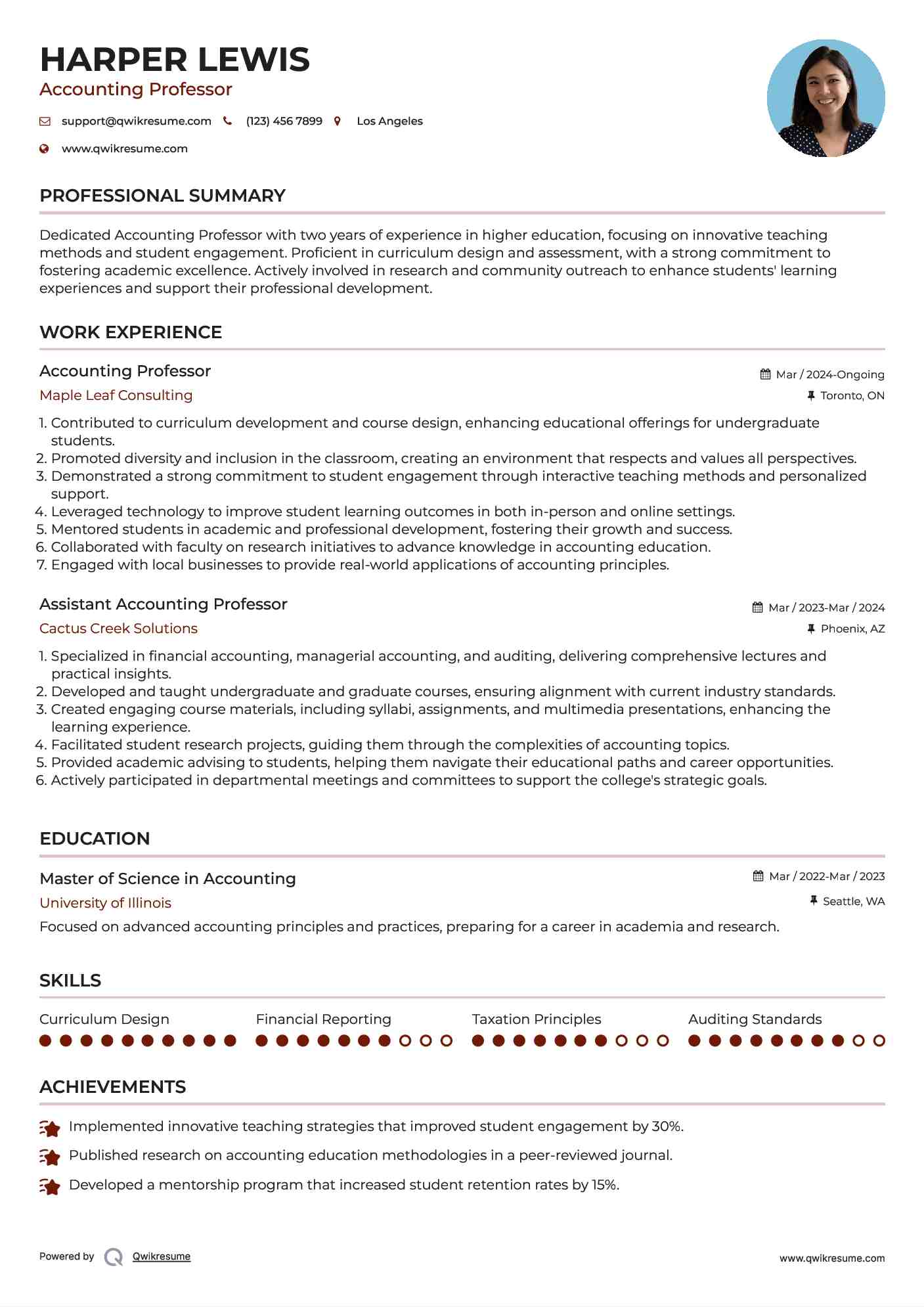 Accounting Professor Resume Example