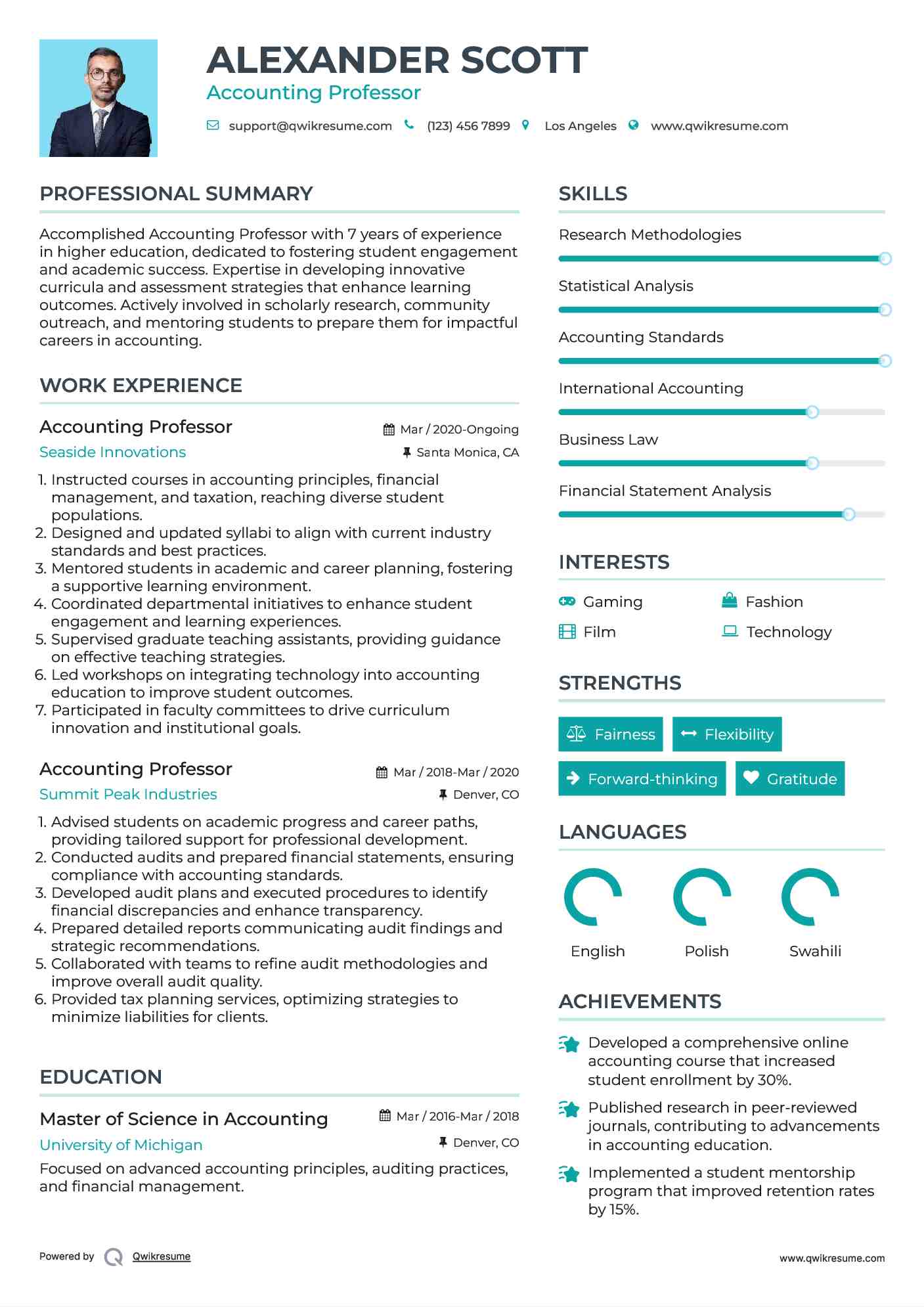 Accounting Professor Resume Example