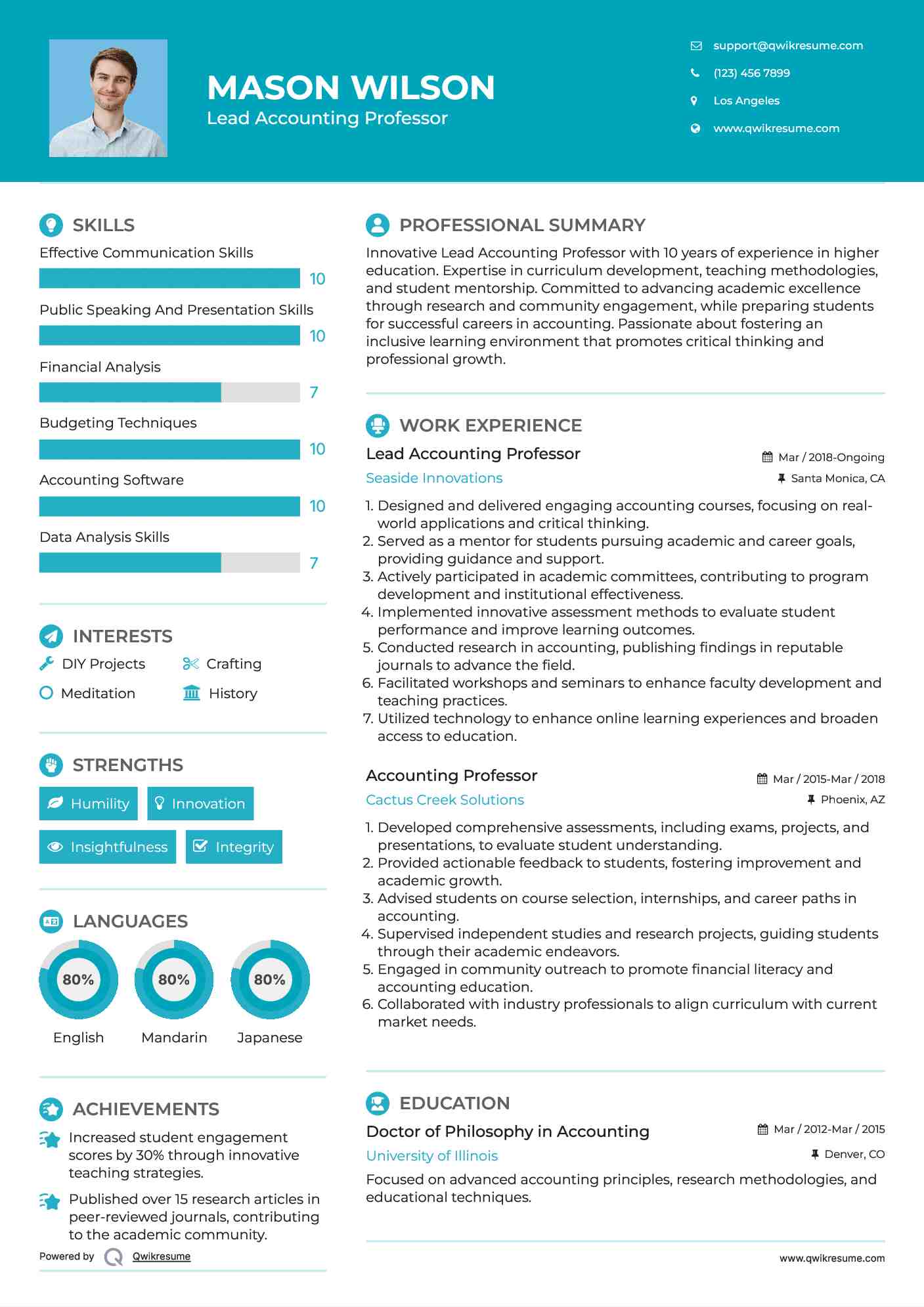 Lead Accounting Professor Resume Model