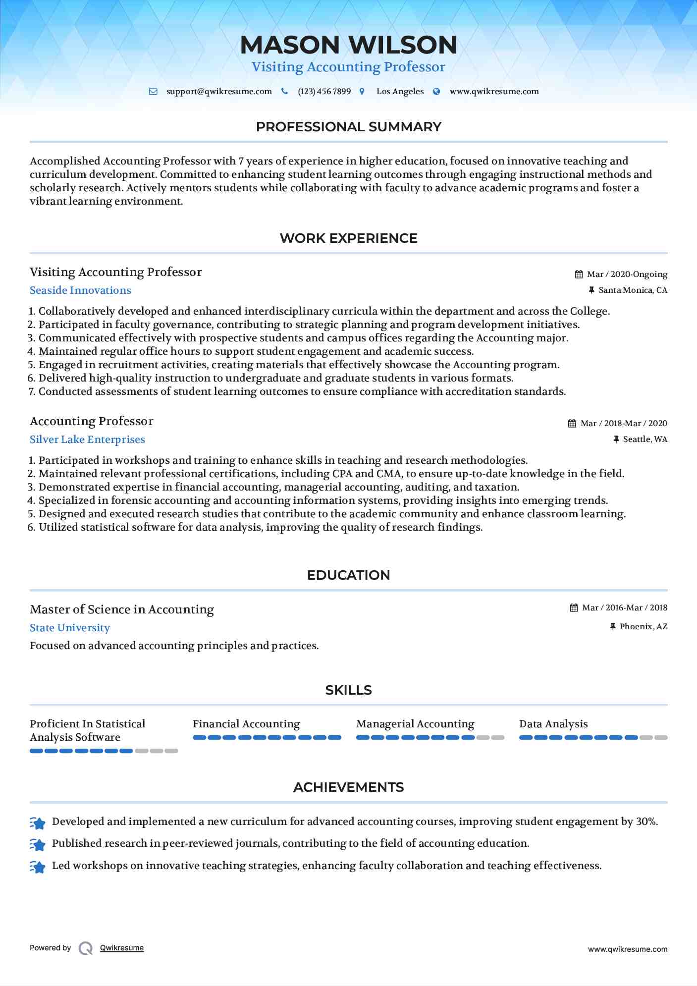 Visiting Accounting Professor Resume Example