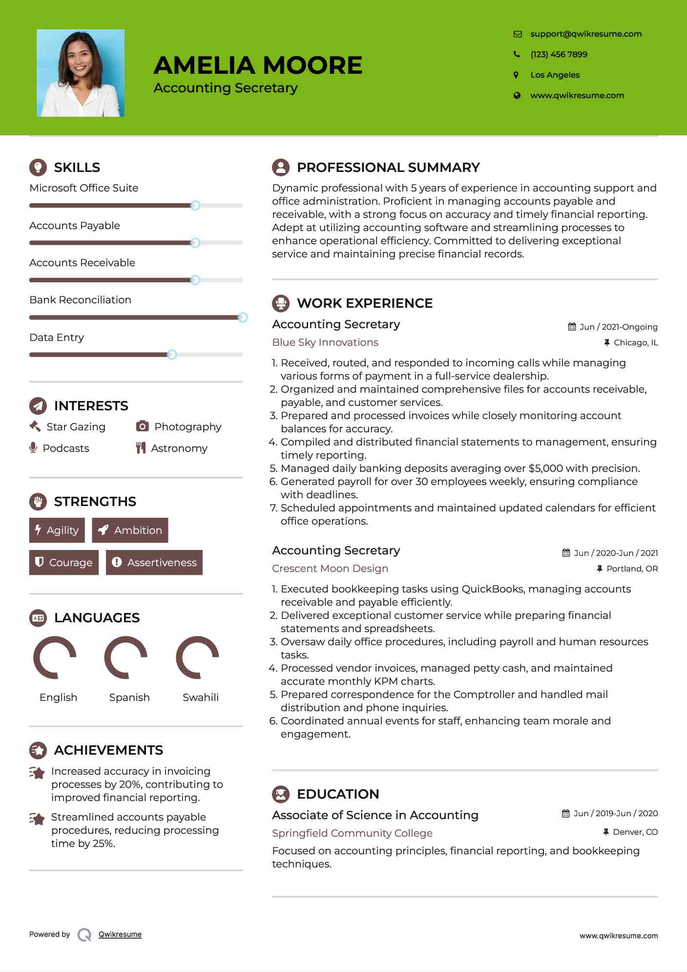 Accounting Secretary Resume Example