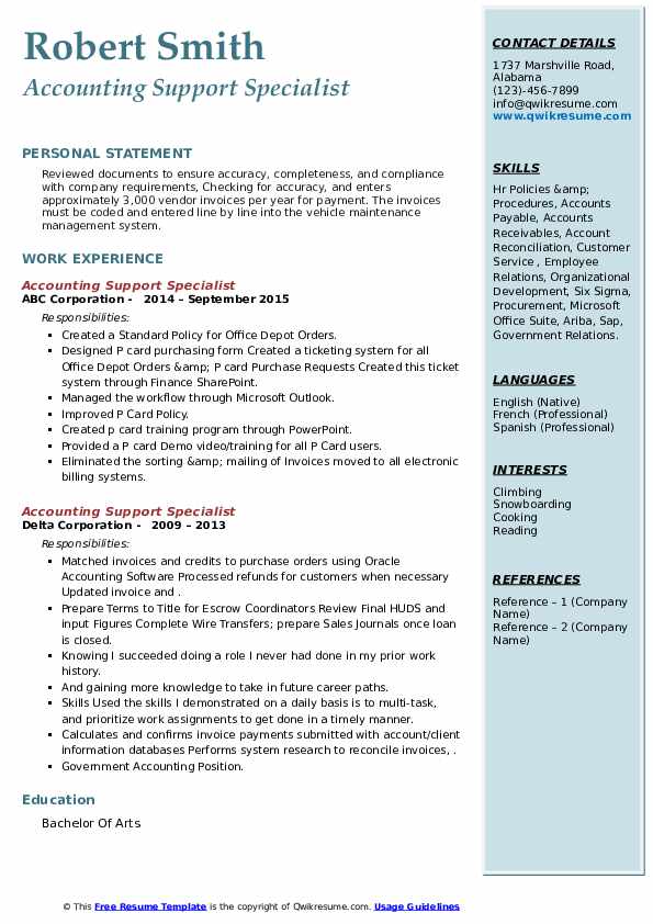 Accounting Support Specialist Resume Samples QwikResume