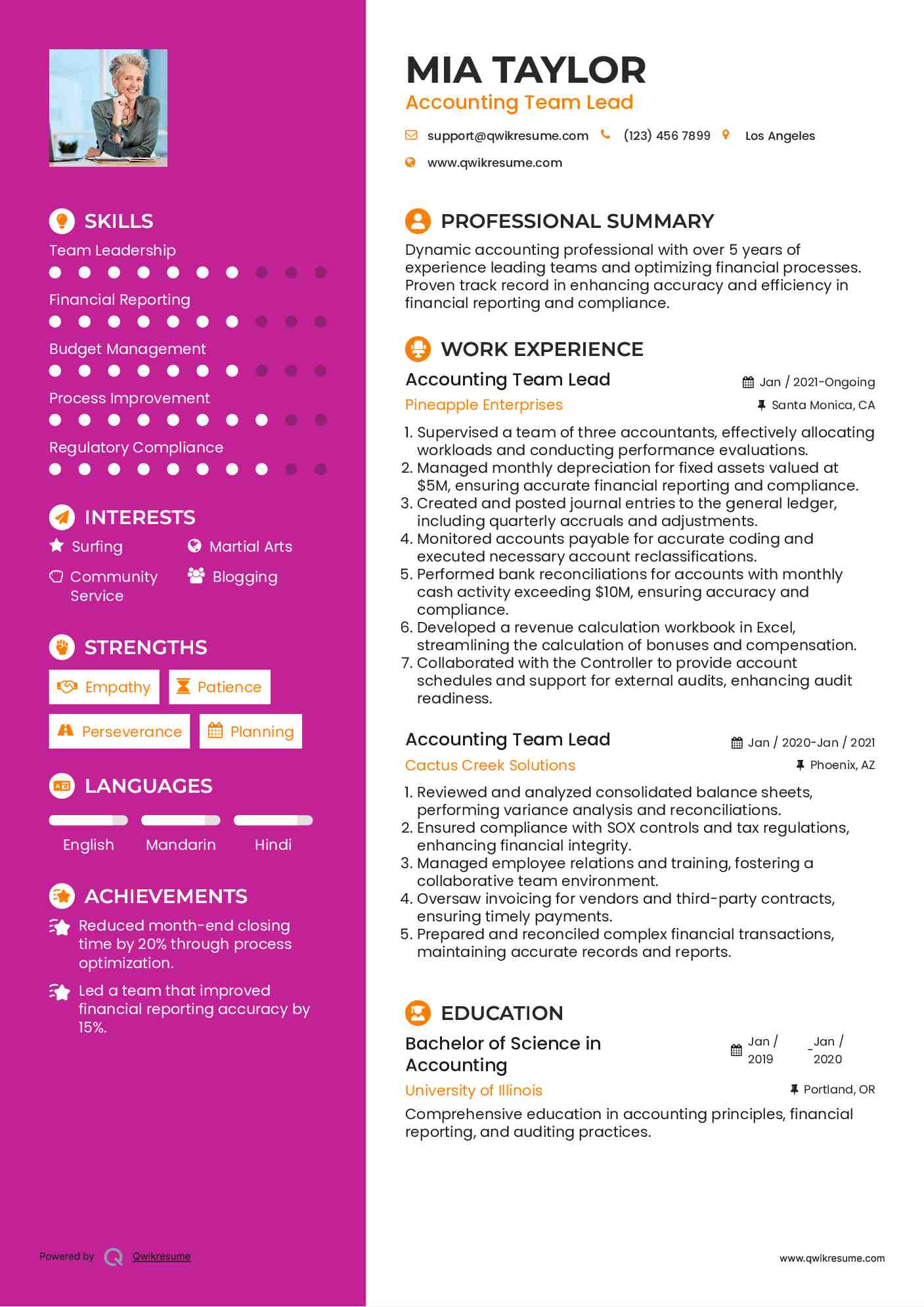 Accounting Team Lead Resume Example