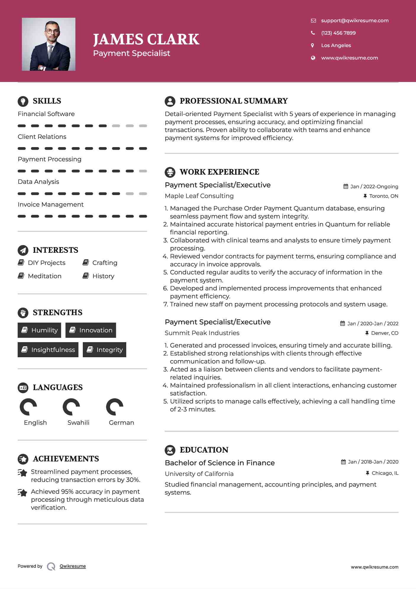 Payment Specialist/Executive Resume Format