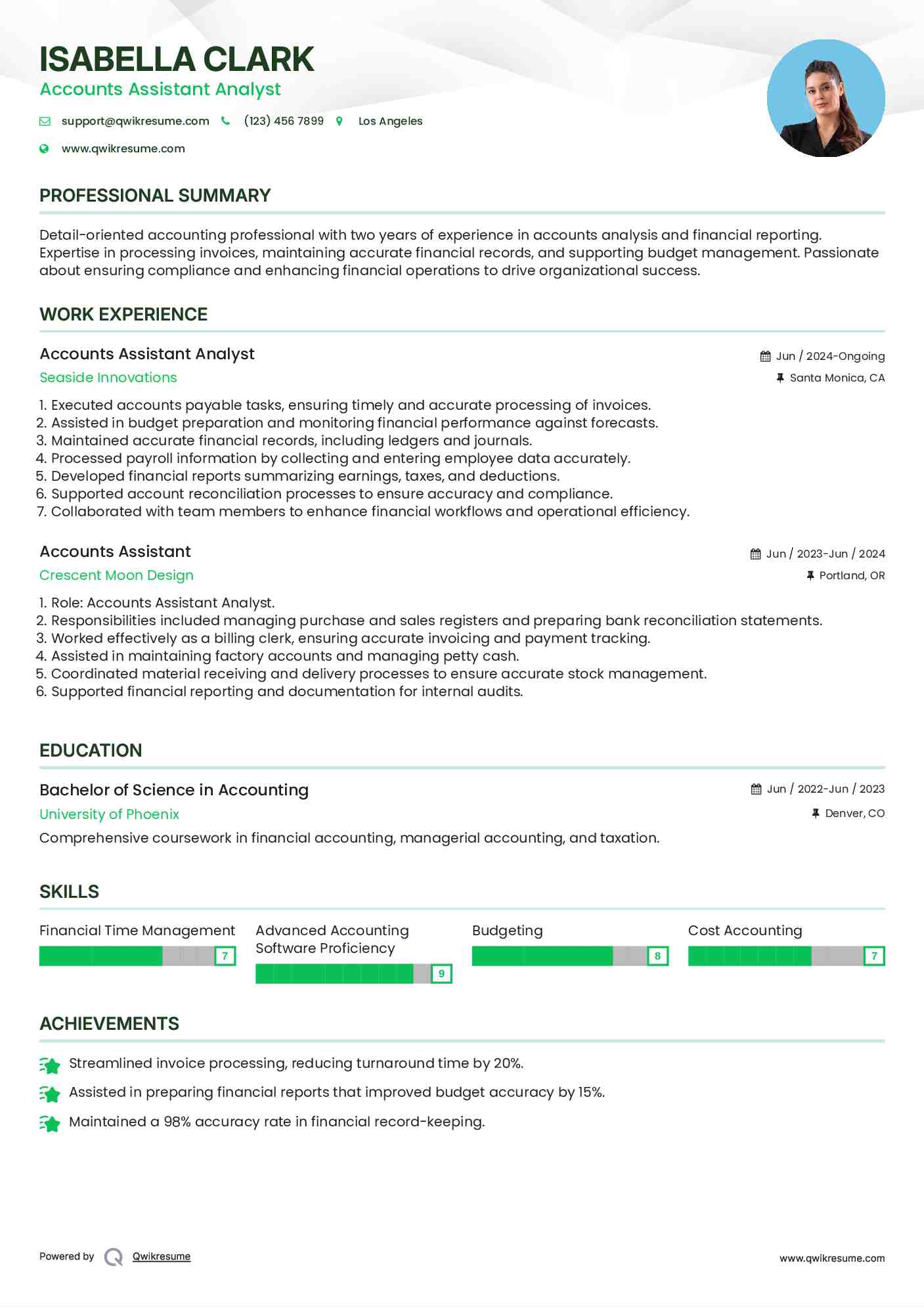 Accounts Assistant Analyst Resume Format